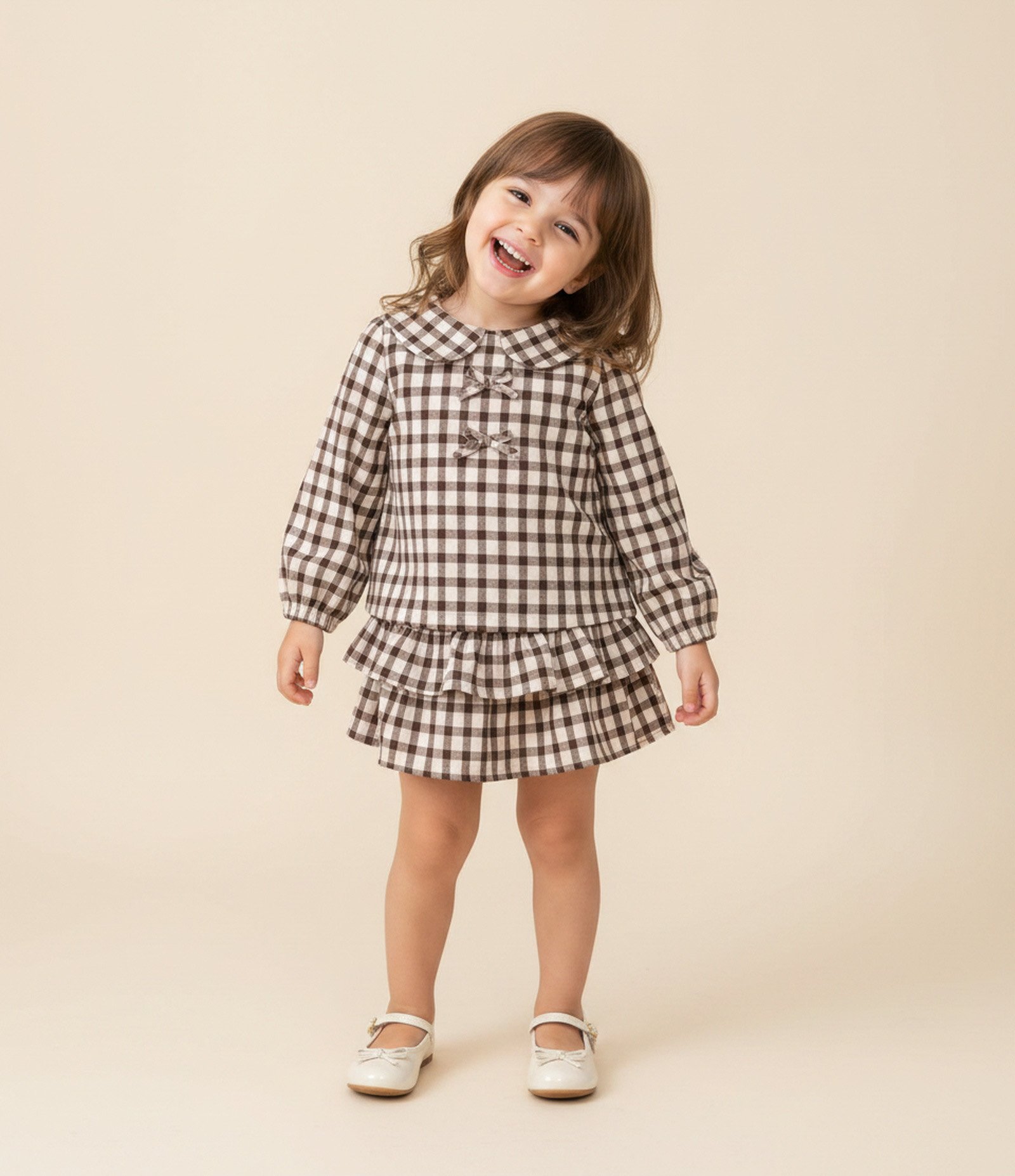 Blusa Infantil em Tricoline Xadrez com Gola Boneca – Tam 1 a 6 Anos Marrom/Bege 1