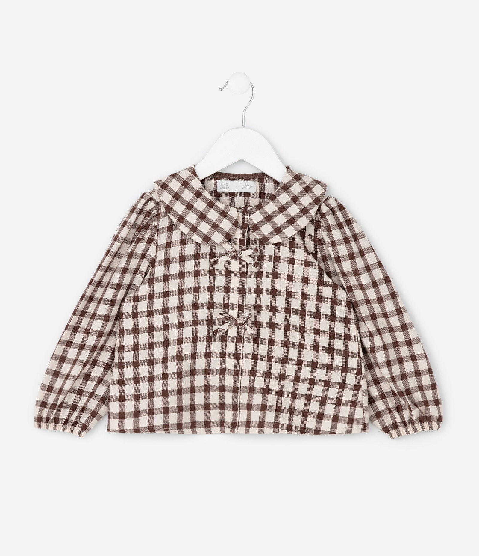 Blusa Infantil em Tricoline Xadrez com Gola Boneca – Tam 1 a 6 Anos Marrom/Bege 2