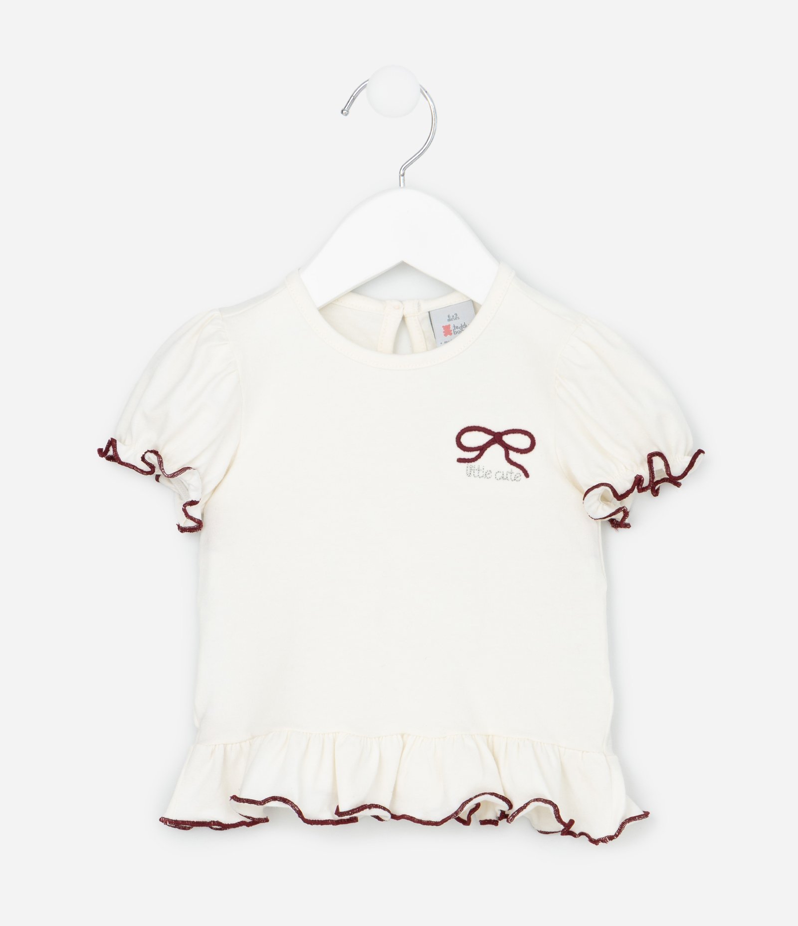 Camiseta Infantil com Lacinho Bordado e Manga Bufante – Tam 0 a 18 Meses Off White 2