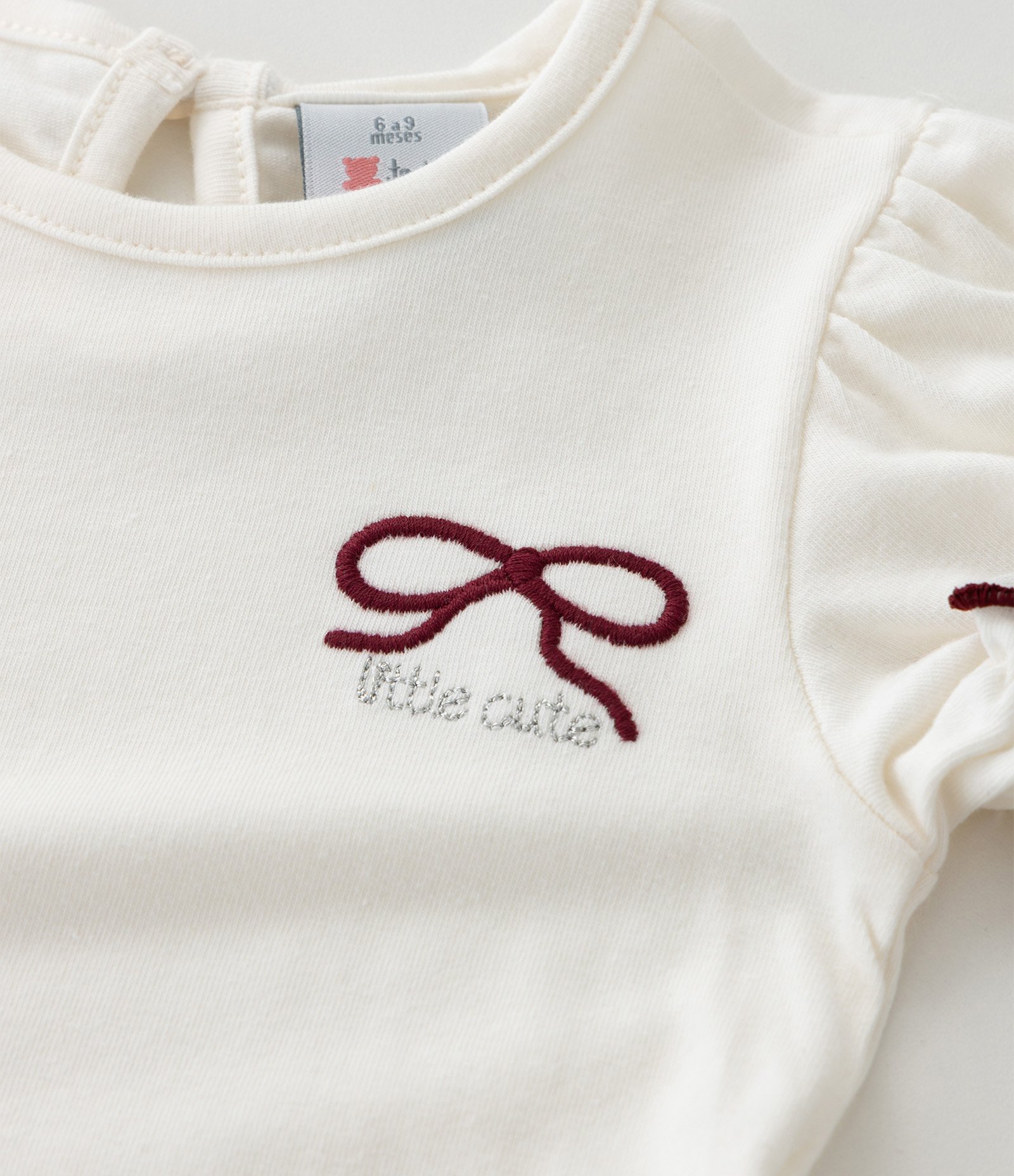 Camiseta Infantil com Lacinho Bordado e Manga Bufante – Tam 0 a 18 Meses Off White 8