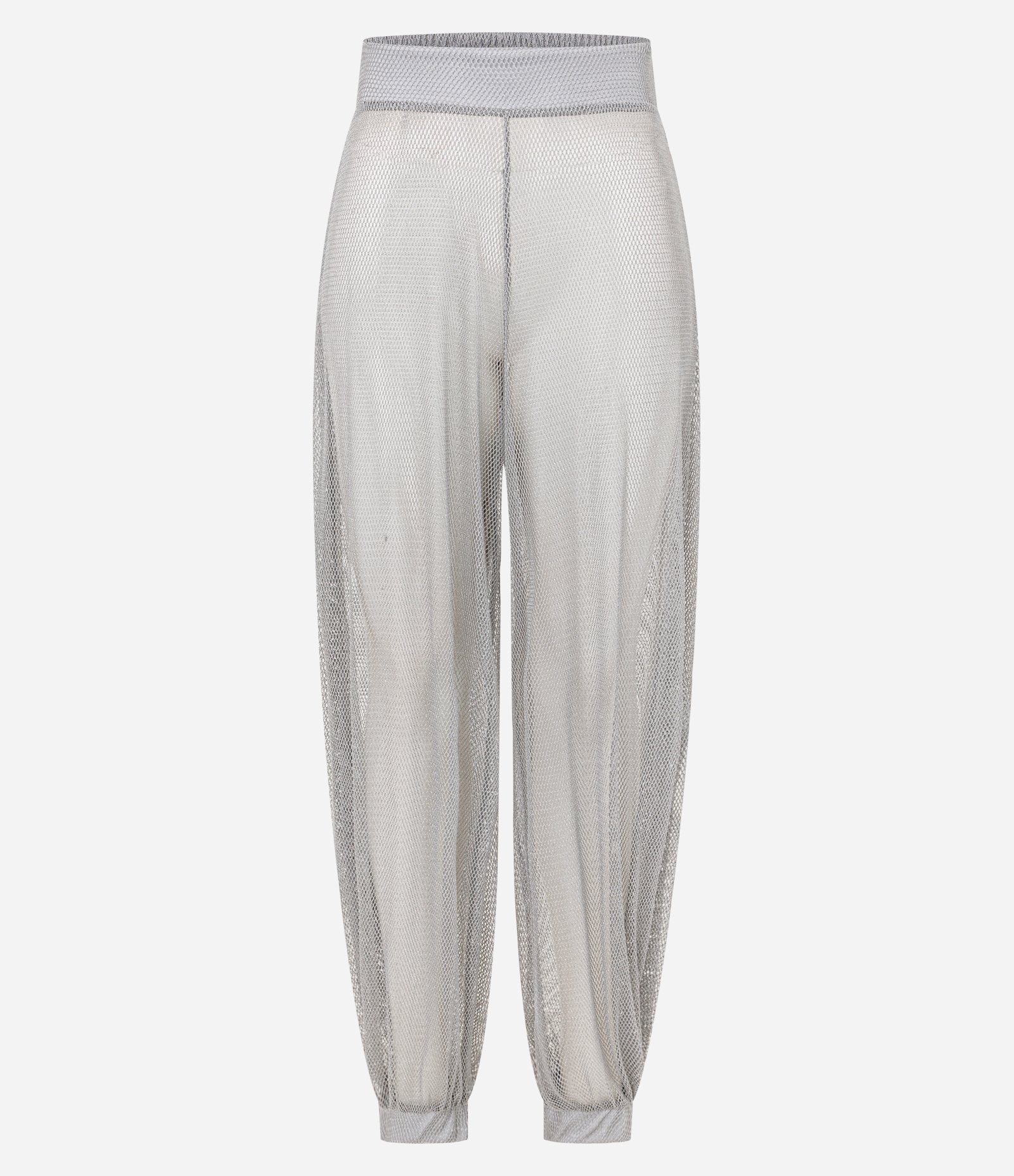 Calça Aladim Em Tela Com Fio Metalizado Prata 1