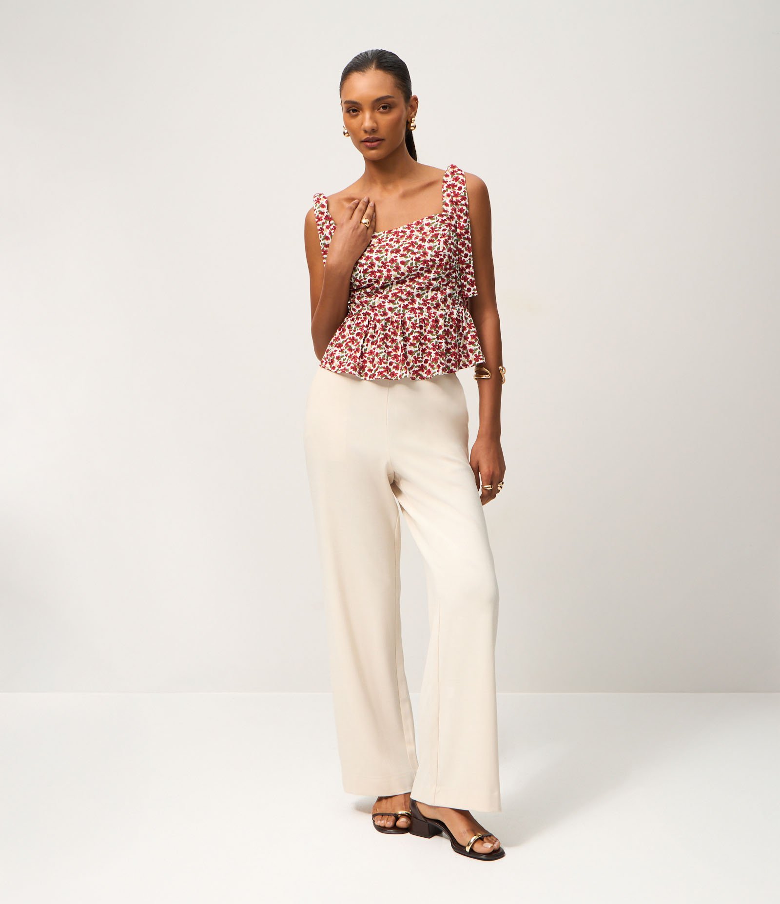 Blusa Peplum Floral com Alça de Amarração Vermelho 2