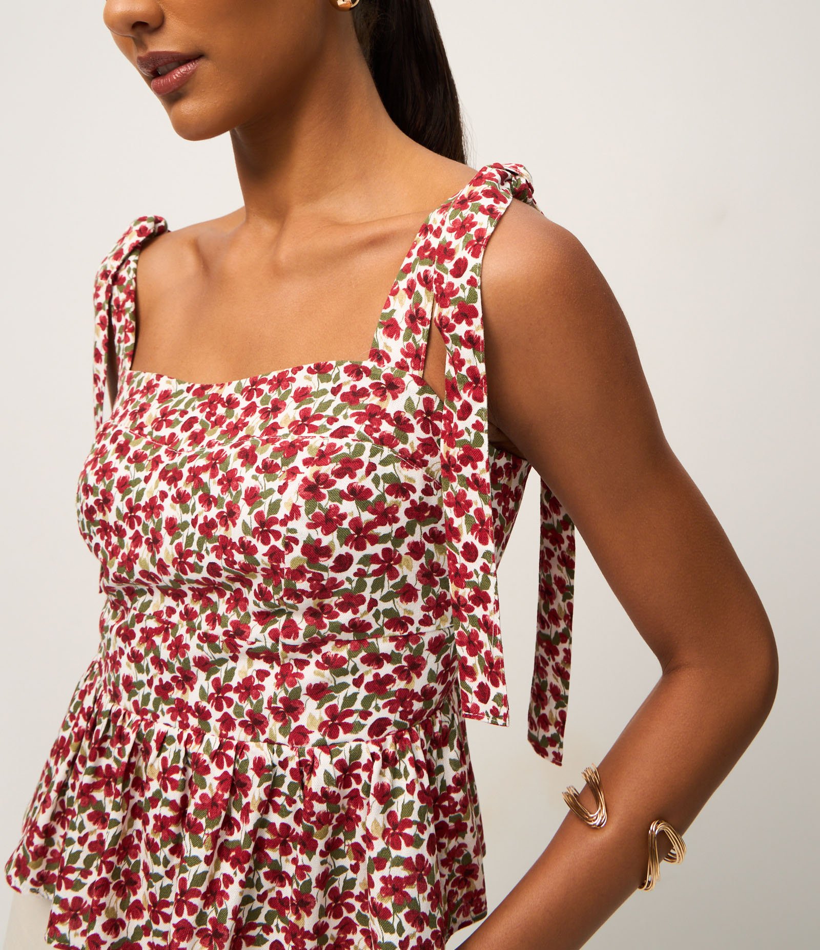 Blusa Peplum Floral com Alça de Amarração Vermelho 3