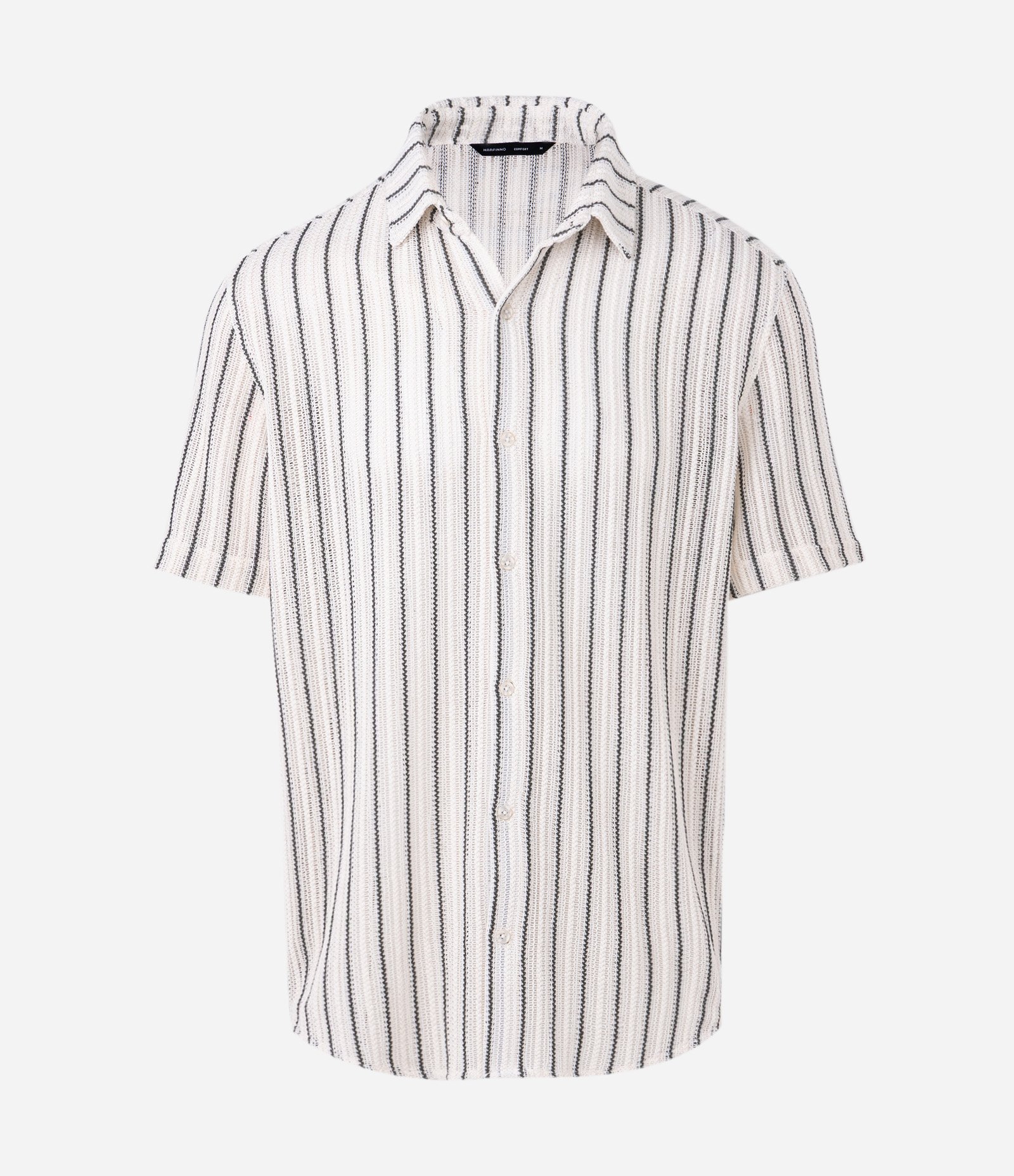 Camisa Manga Curta Tricô Crochê Listrada Branco 1