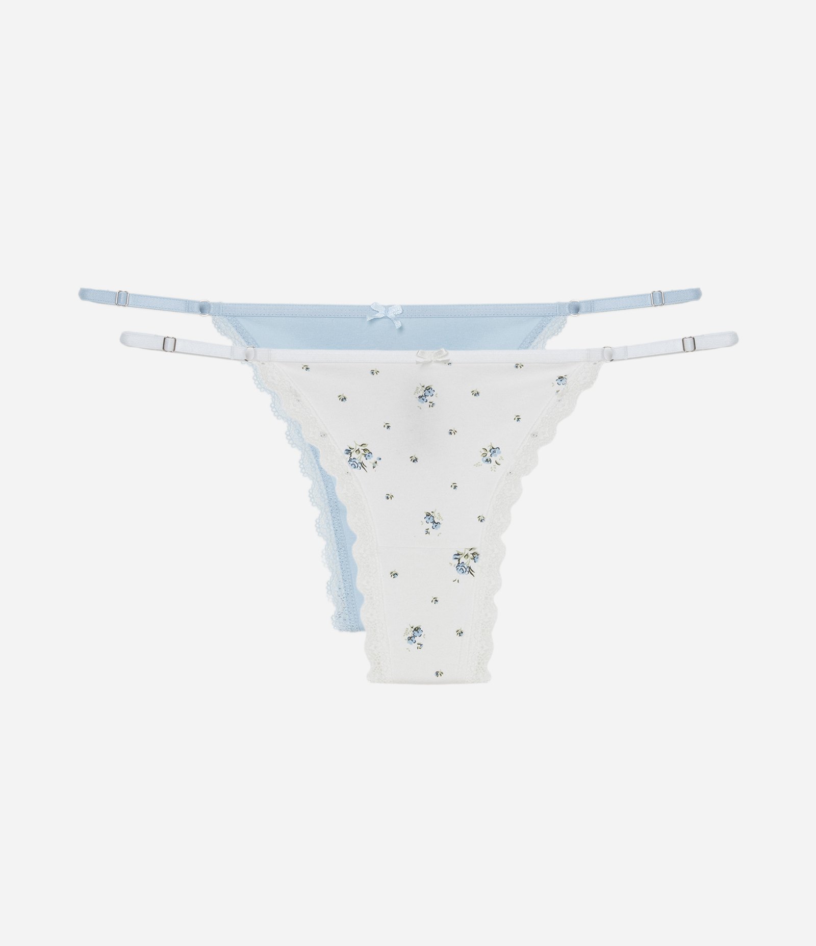 Kit 02 Calcinhas String Fio Duplo em Algodão Floral com Renda Branco/Azul 1