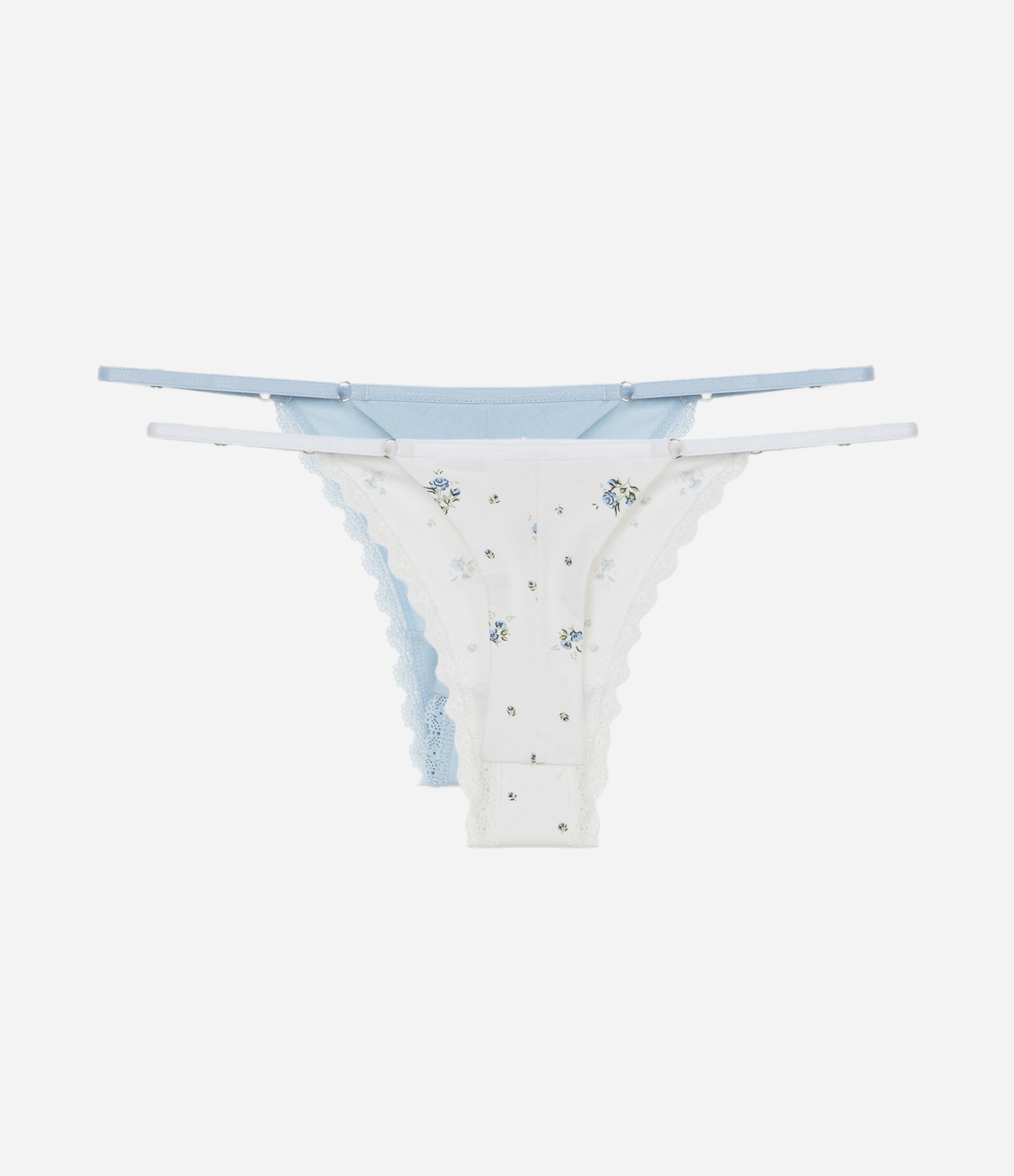 Kit 02 Calcinhas String Fio Duplo em Algodão Floral com Renda Branco/Azul 2