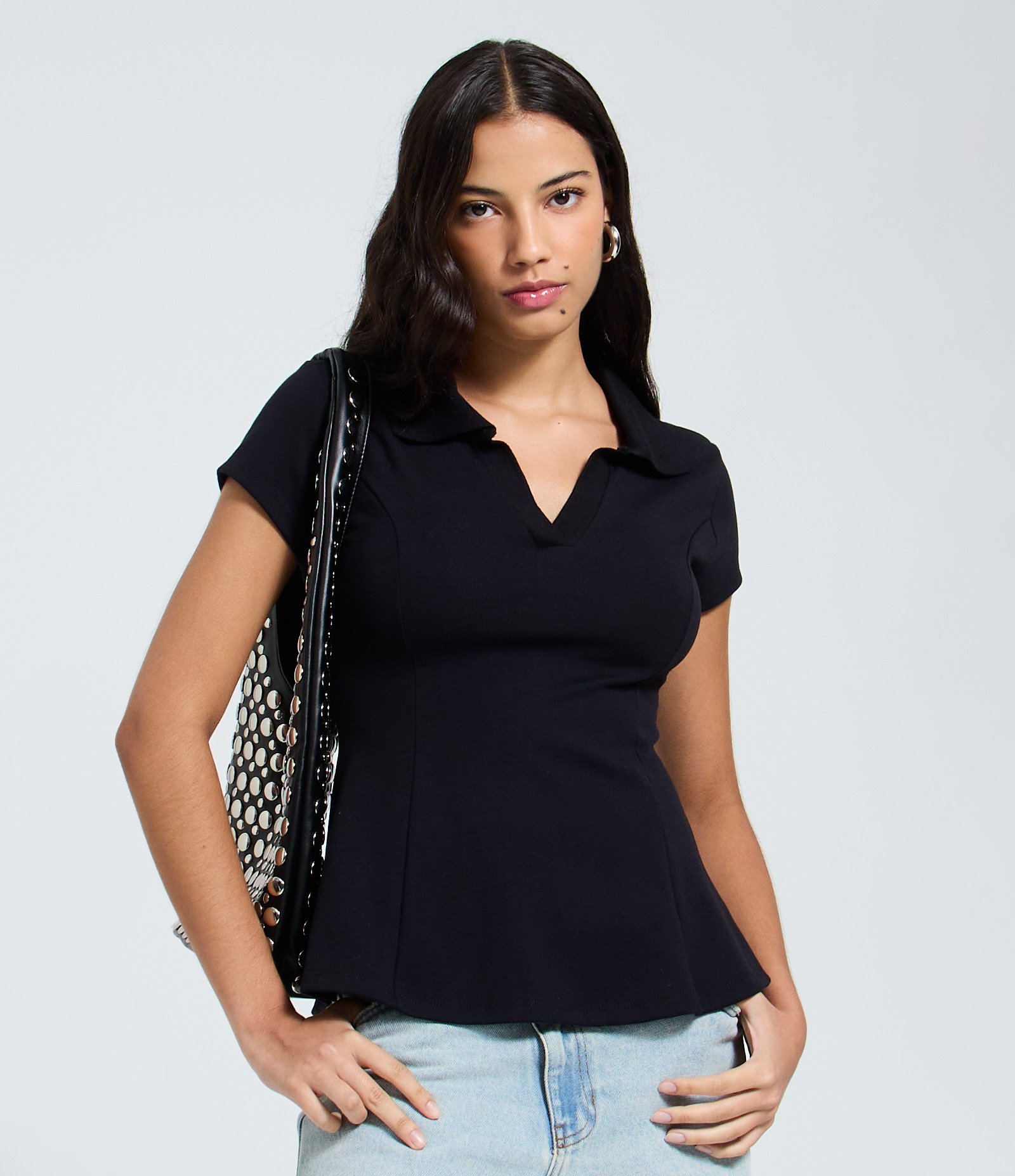 Blusa Peplum em Ribana com Gola Polo Preto 1