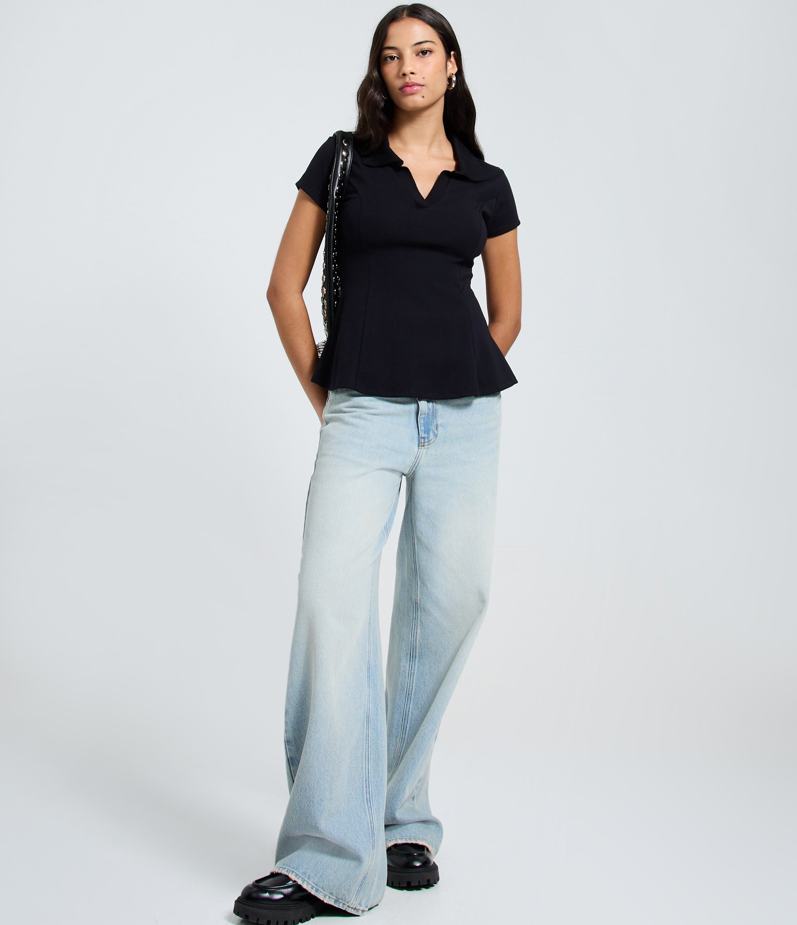 Blusa Peplum em Ribana com Gola Polo Preto 2