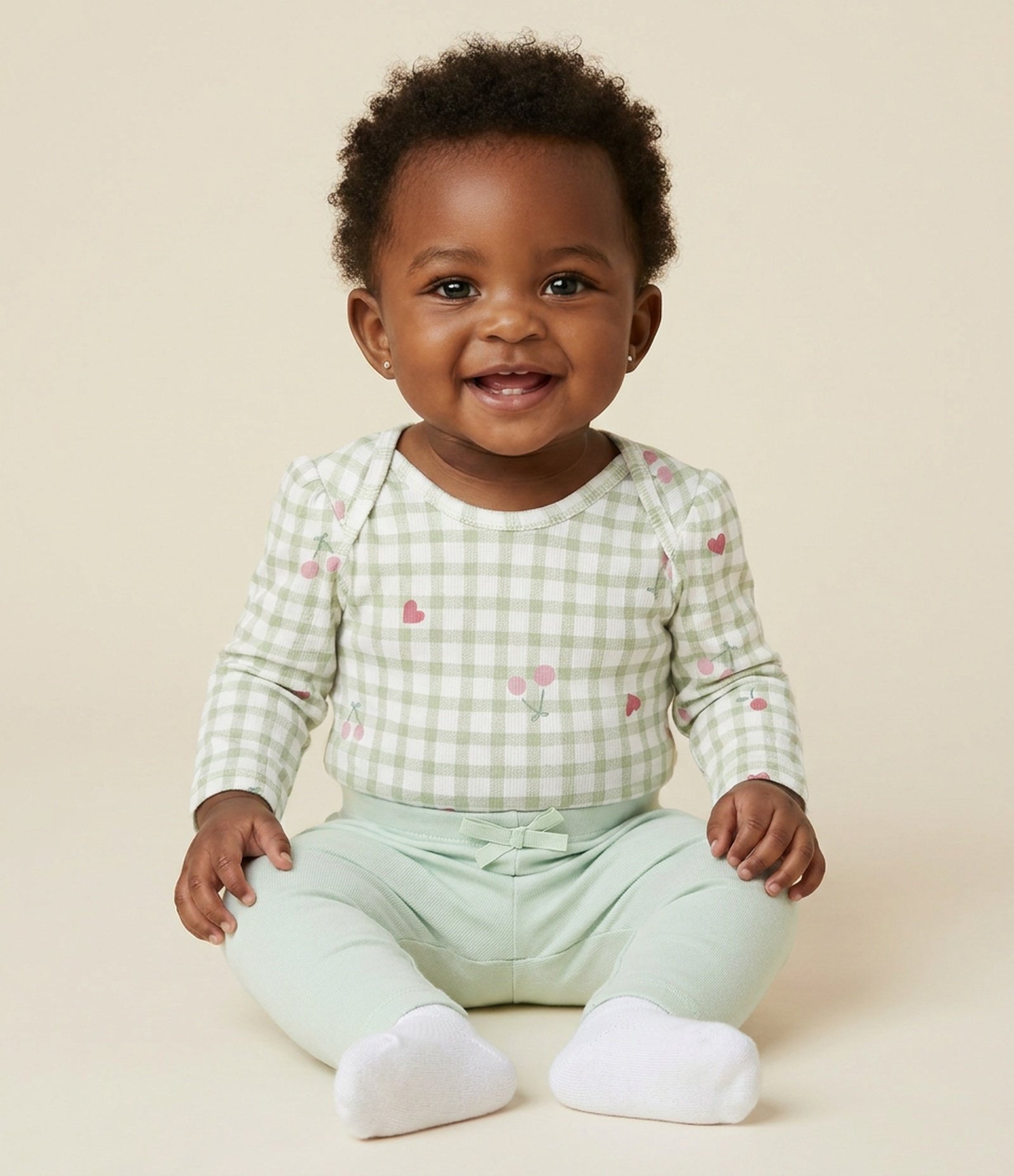 Body Infantil em Vichy com Estampa de Cerejinhas – Tam RN a 18 Meses Verde/Branco 1