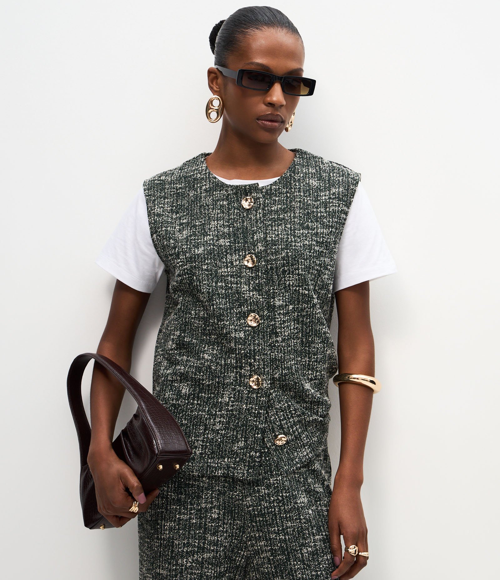 Colete Regular em Tweed com Textura Mesclada Verde 1