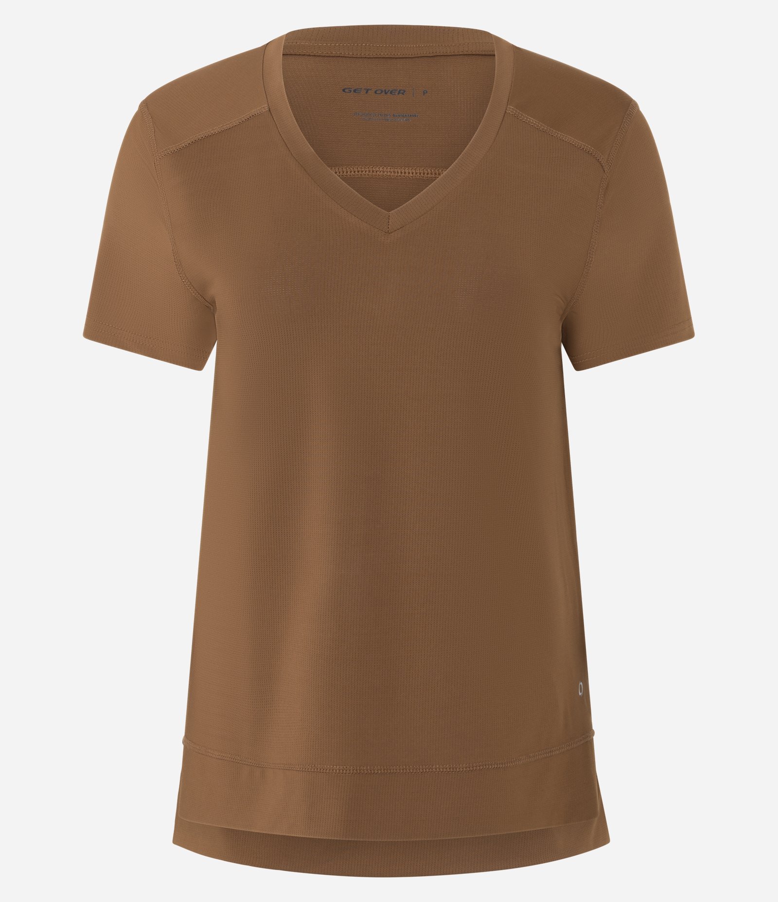 Camiseta Esportiva em Microfibra Furadinha com Barra Mullet Marrom 1