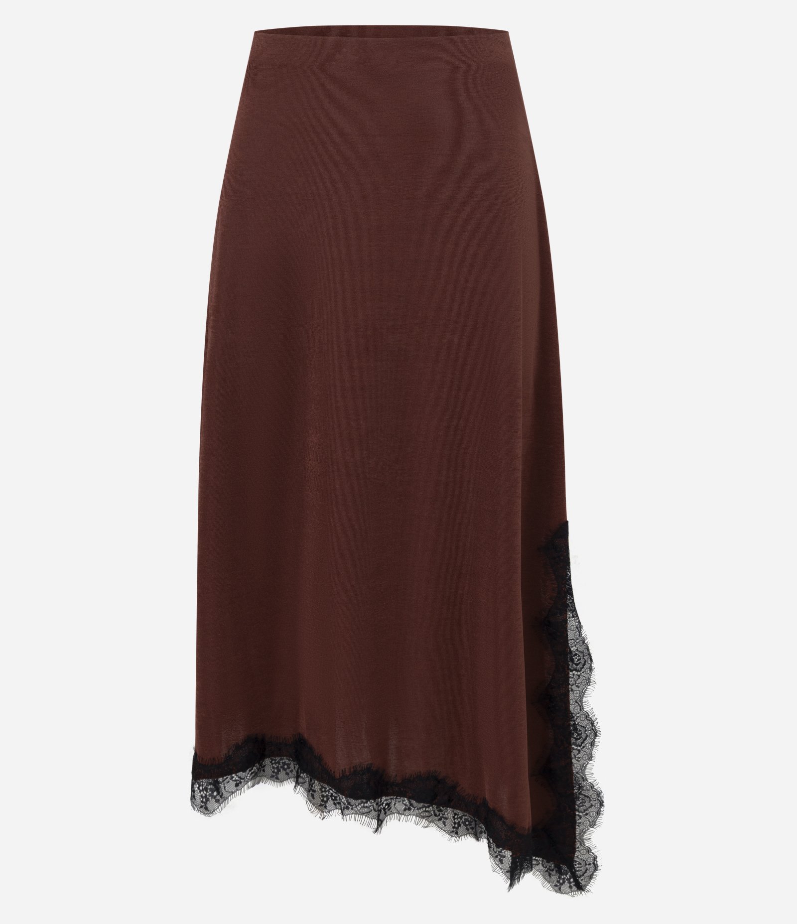 Saia Midi em RIbana com Renda na Barra Assimétrica Marrom 5