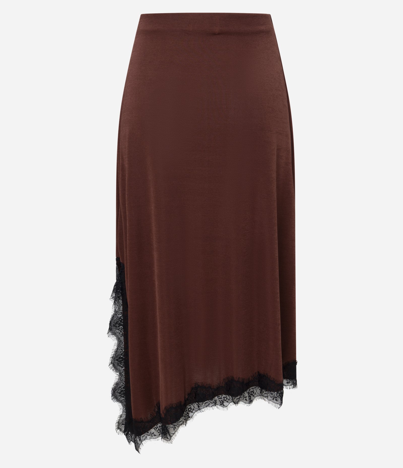 Saia Midi em RIbana com Renda na Barra Assimétrica Marrom 7
