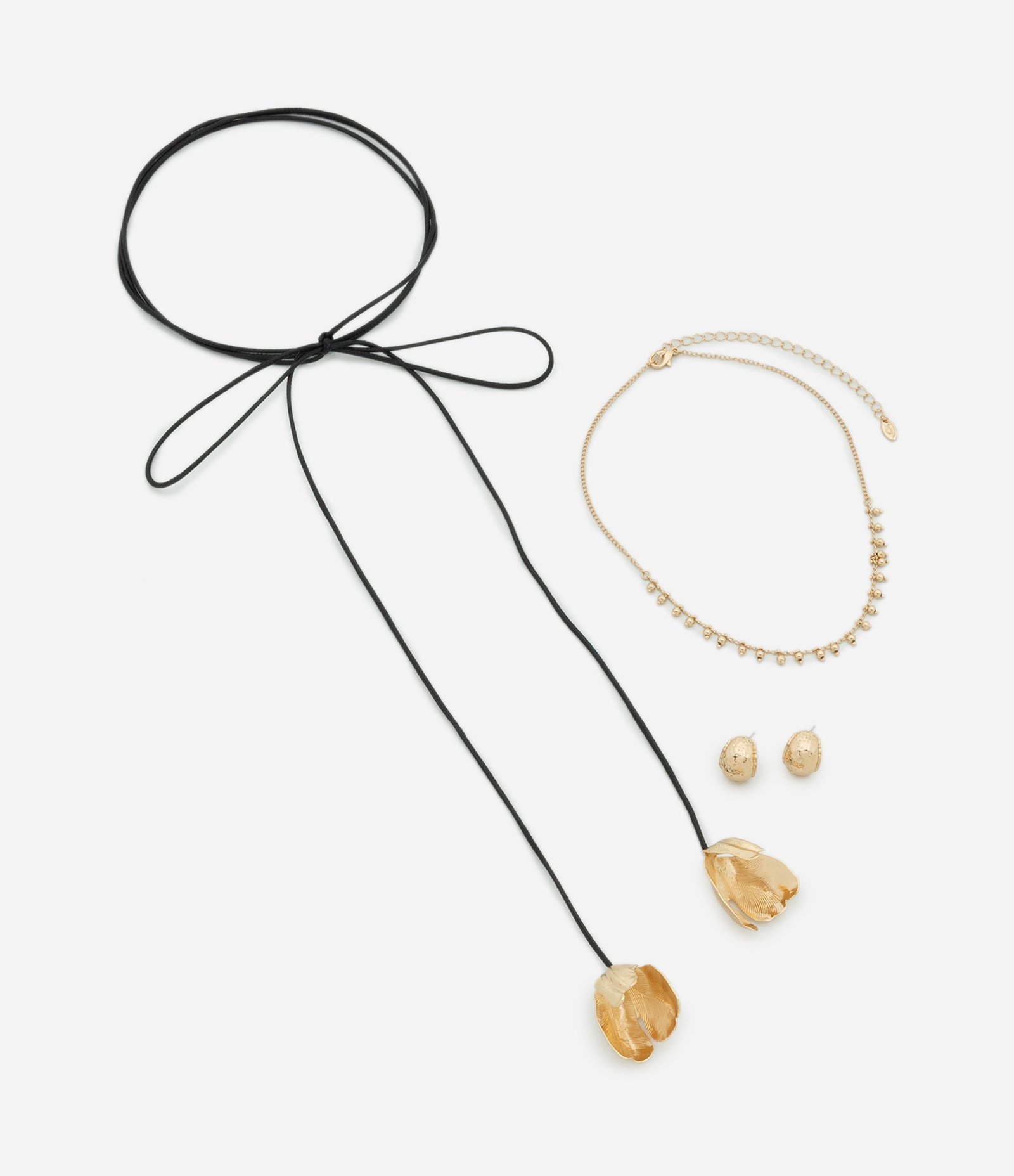 Conjunto de Colar Longo e Brinco com Flor Texturizada Dourado 2