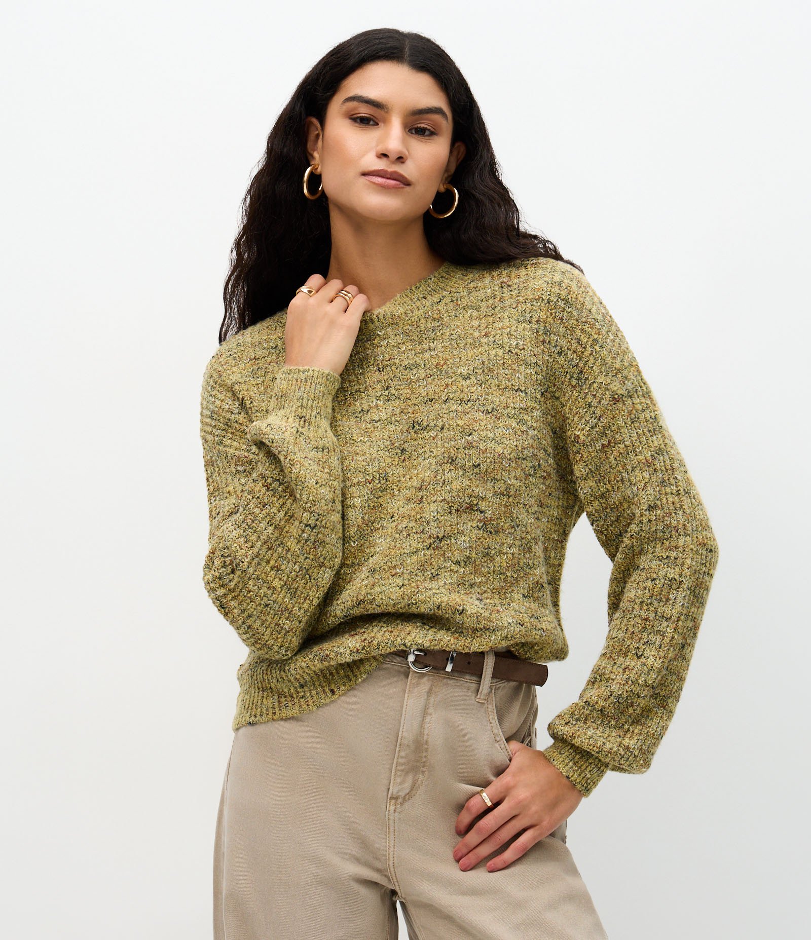 Suéter Regular em Tricô com Ponto Mesclado Verde 1