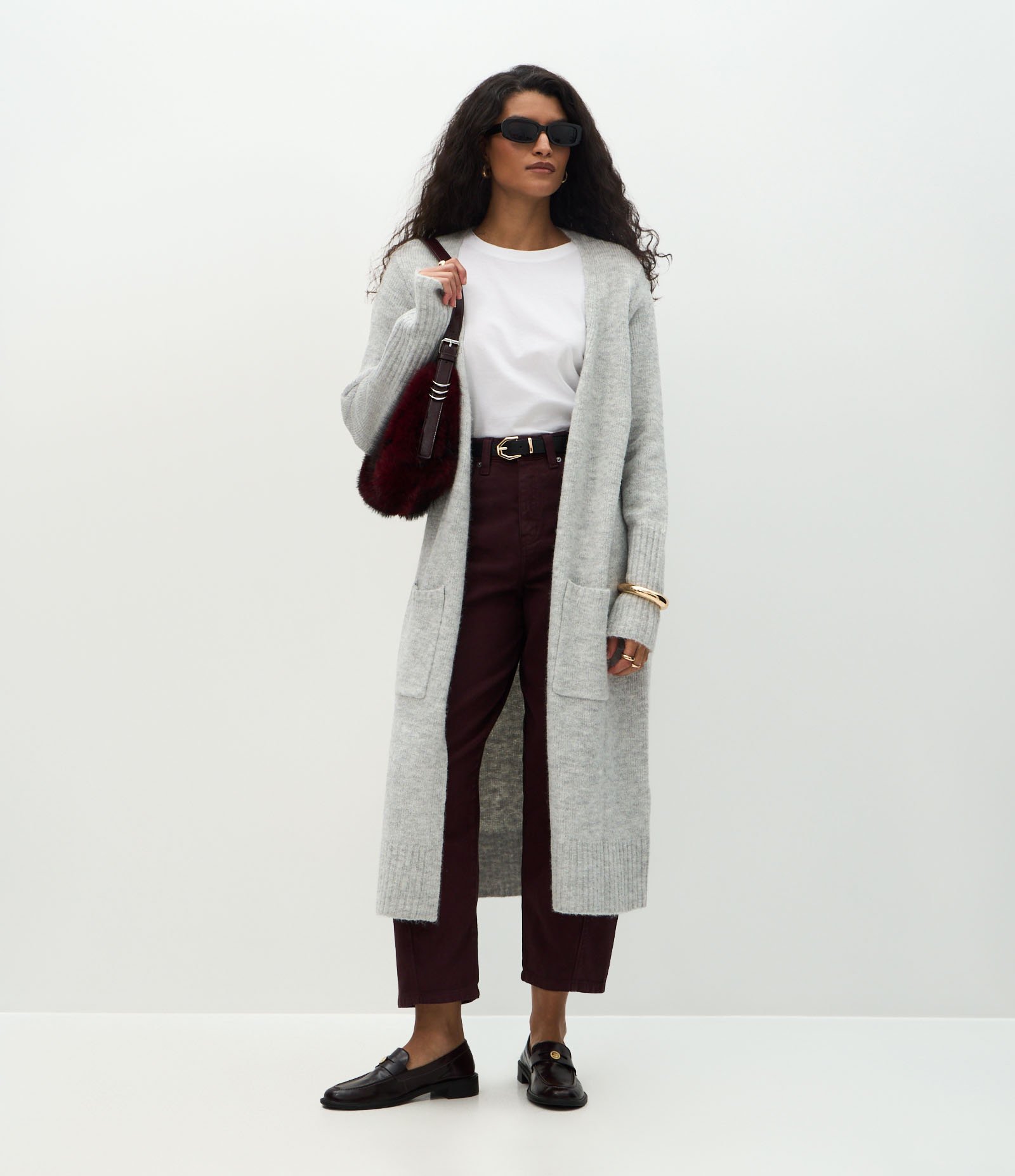 Cardigan Longo em Tricô com Bolsos Funcionais Cinza 1