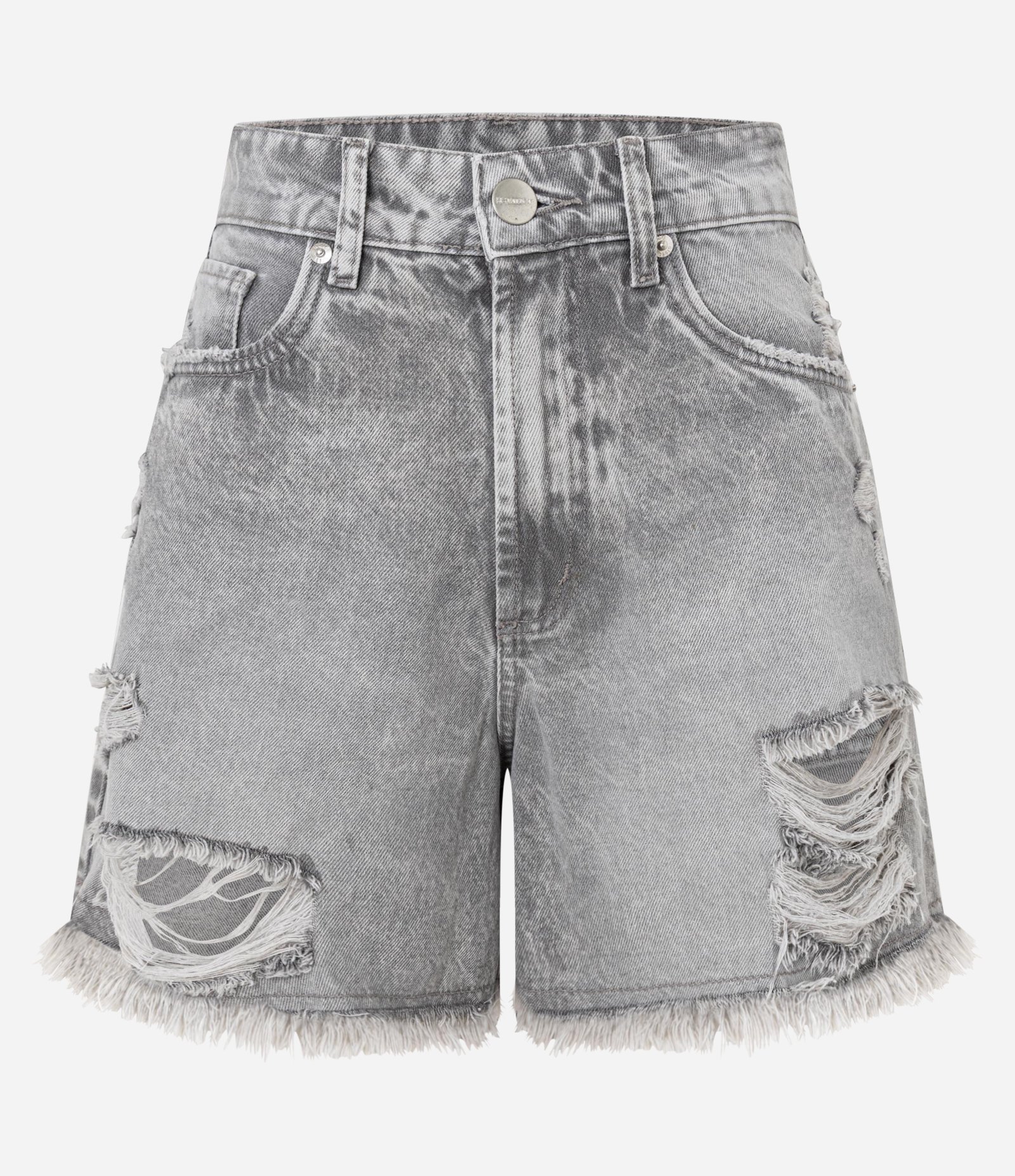 Short Jeans com Barra Desfiada e Puídos Cinza 1
