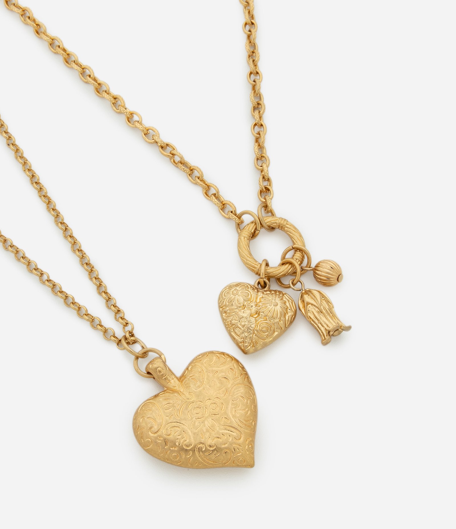 Colar Duas Camadas com Pingente de Flor e Coração Dourado 1