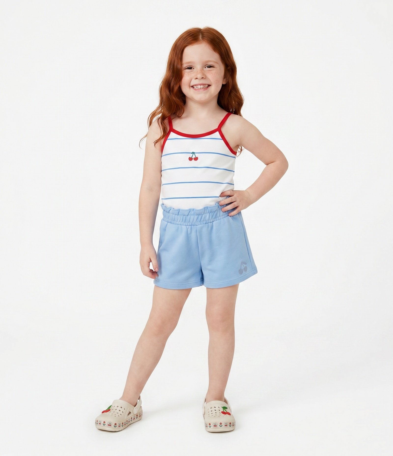 Short Clochard Infantil com Bordado de Cerejinha – Tam 1 a 6 Anos Azul Claro 1