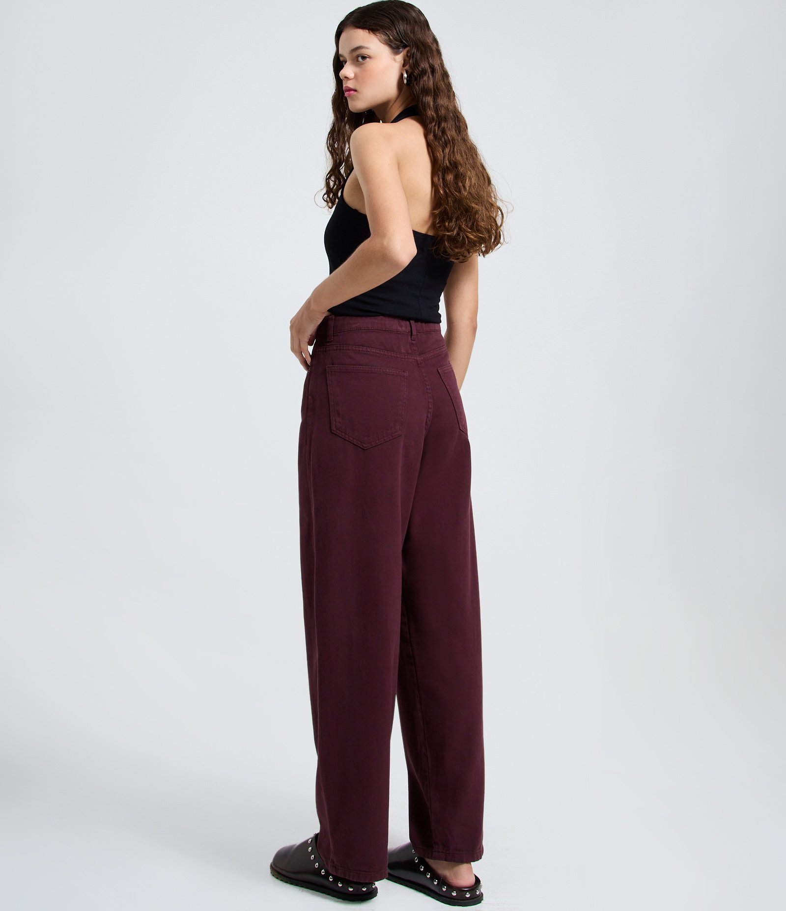Calça Baggy em Sarja com Bolsos Vinho 4