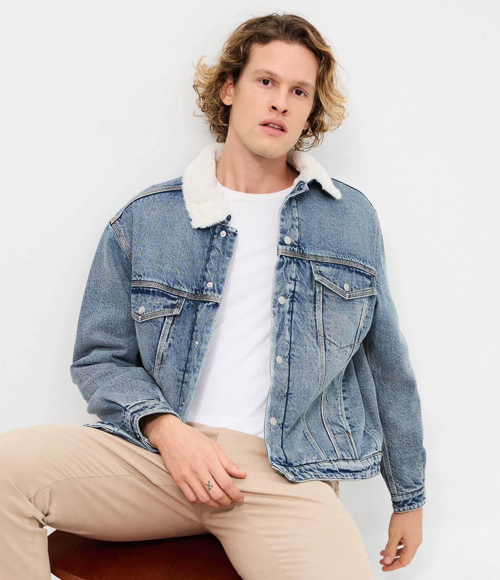Jaqueta Masculina Jeans com Gola em Chenille Azul 1