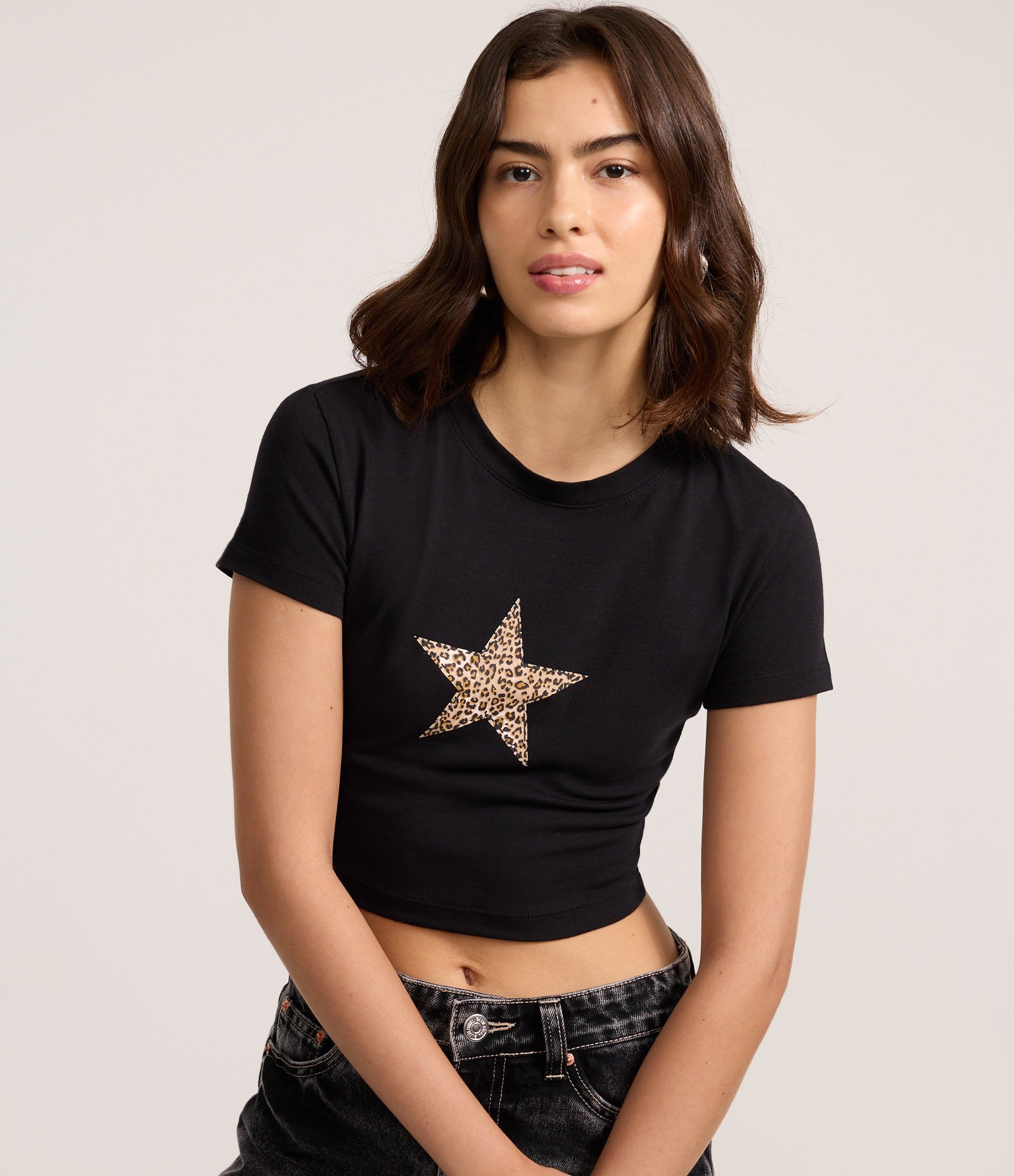 Camiseta em Algodão com Estrela de Animal Print Preto 3