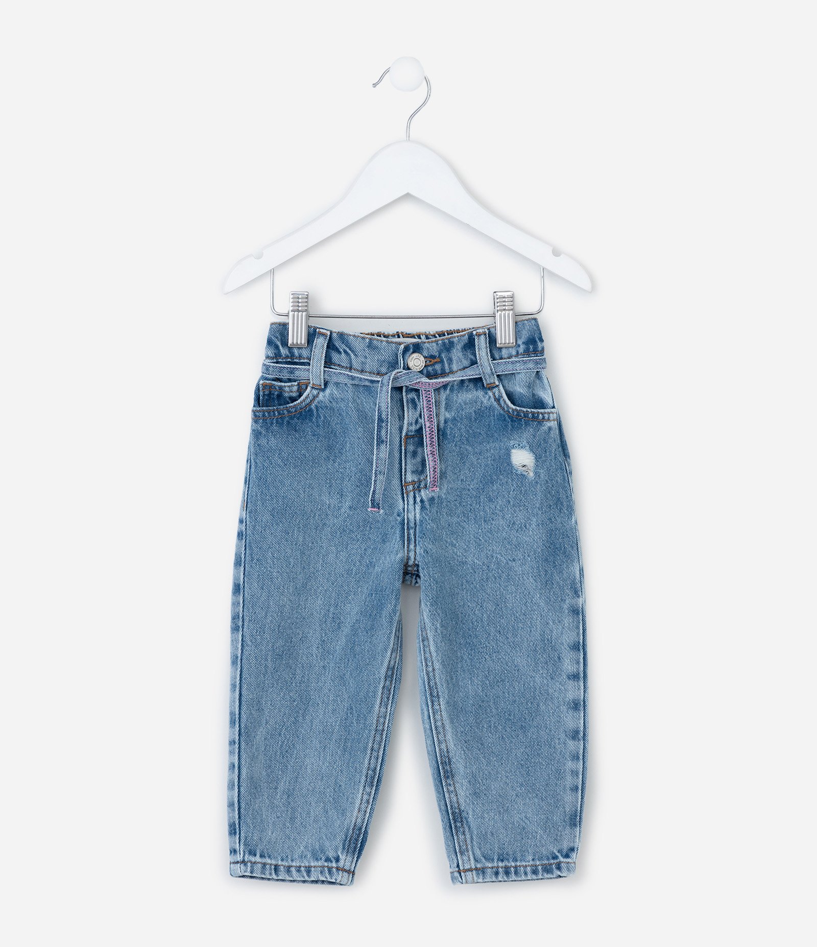 Calça Infantil Mom em Jeans com Cintinho Decorativo – Tam 1 a 5/6 Anos Azul 1