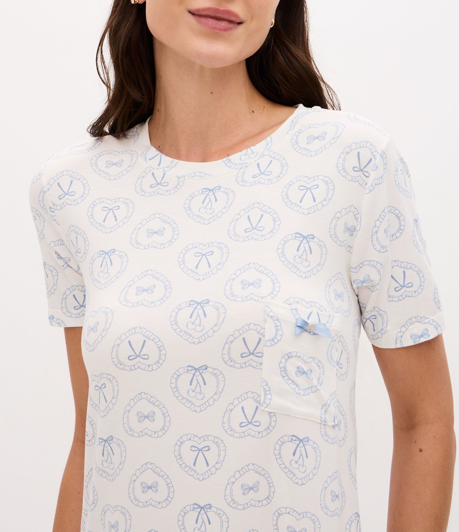 Camisola Regular em Viscolycra com Estampa de Laços Branco/Azul 2