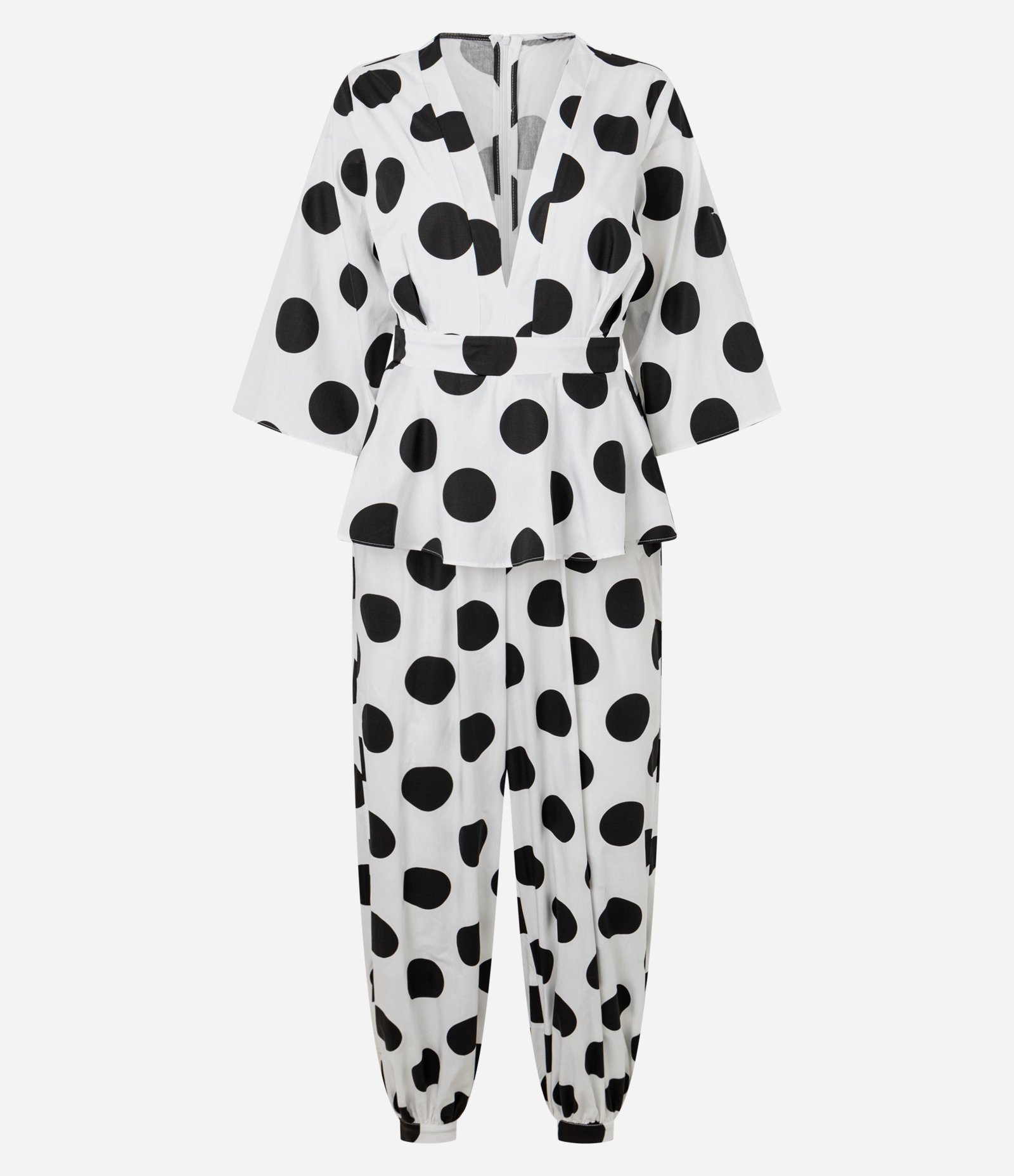 Macacão Balloon Alfaiatado com Decote V e Estampa Poá Branco/Preto 1