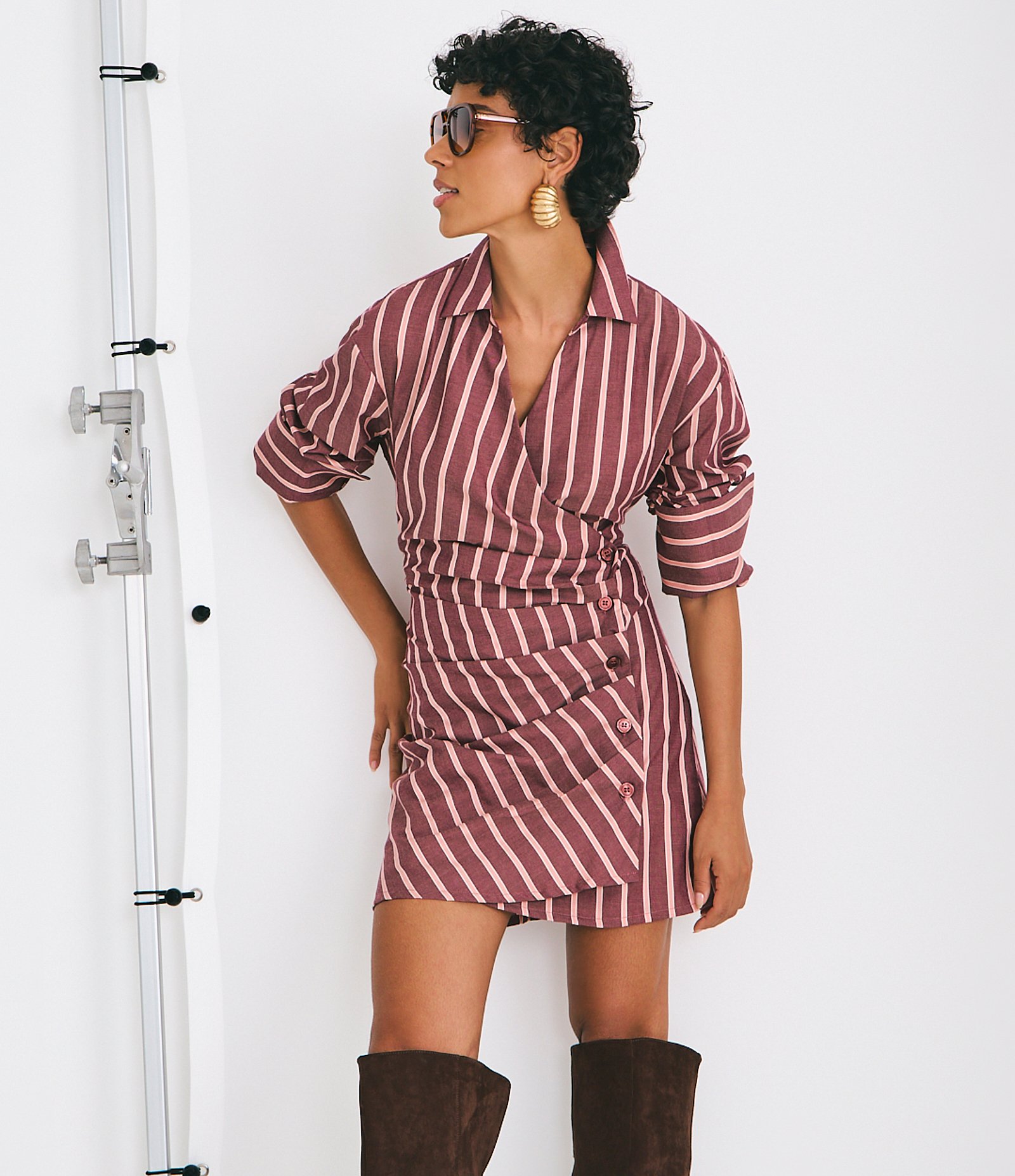 Vestido Manga Longa com Drapeado Frontal Marrom 1