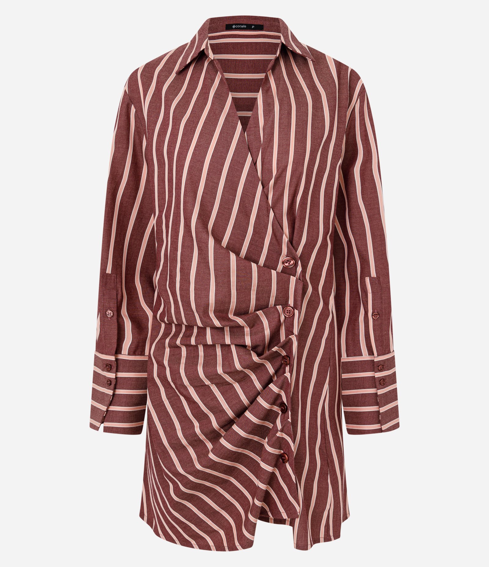 Vestido Manga Longa com Drapeado Frontal Marrom 6