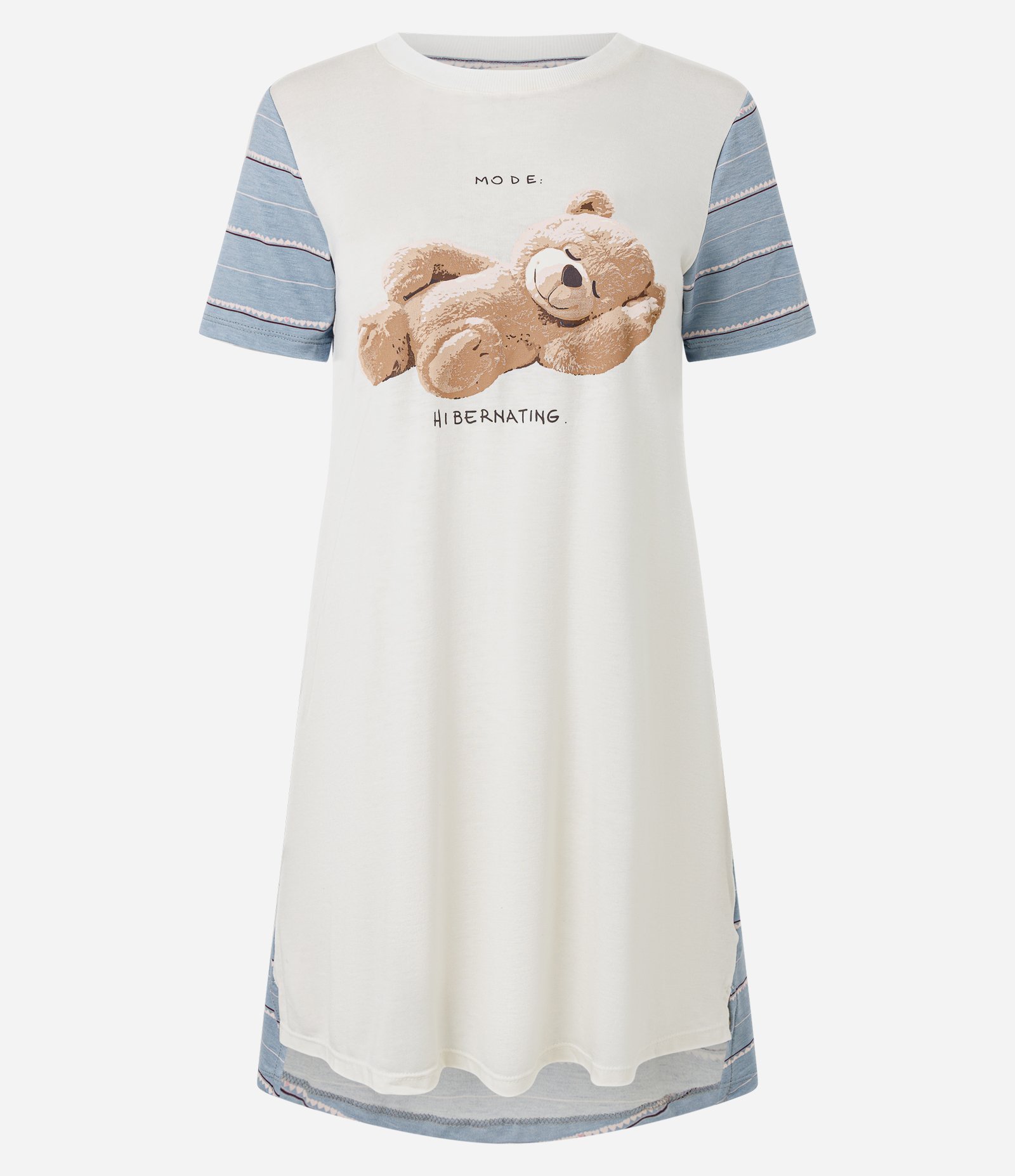 Camisola em Viscolycra com Estampa de Urso e Listras Branco/Azul 1