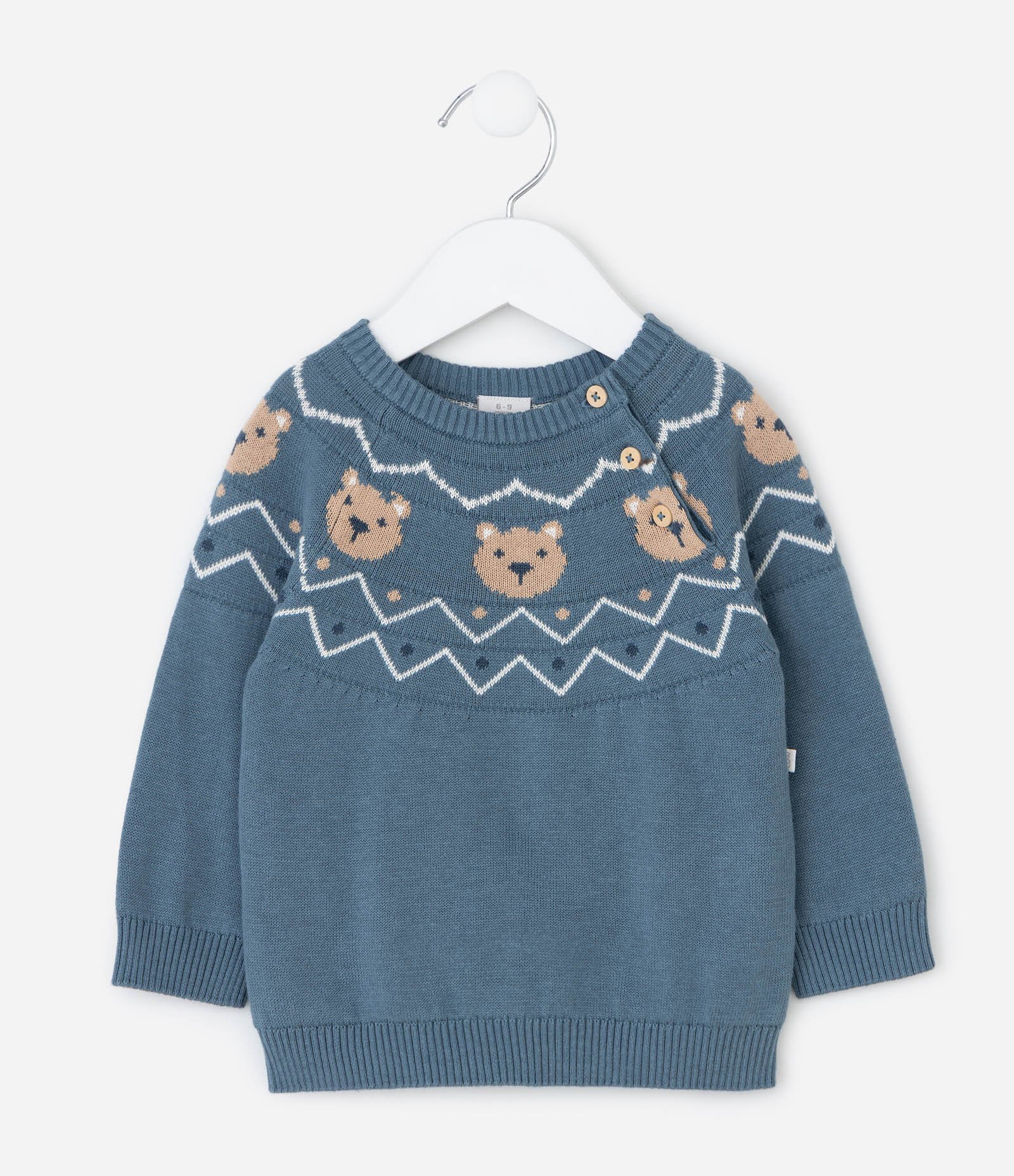 Casaco Infantil em Tricô Jacquard com Ursinhos – Tam 0 a 18 Meses Azul 1