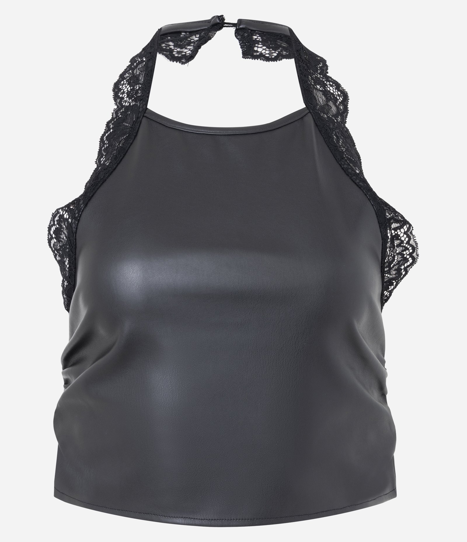 Blusa Frente Única em PU com Aplicação de Renda Preto 5