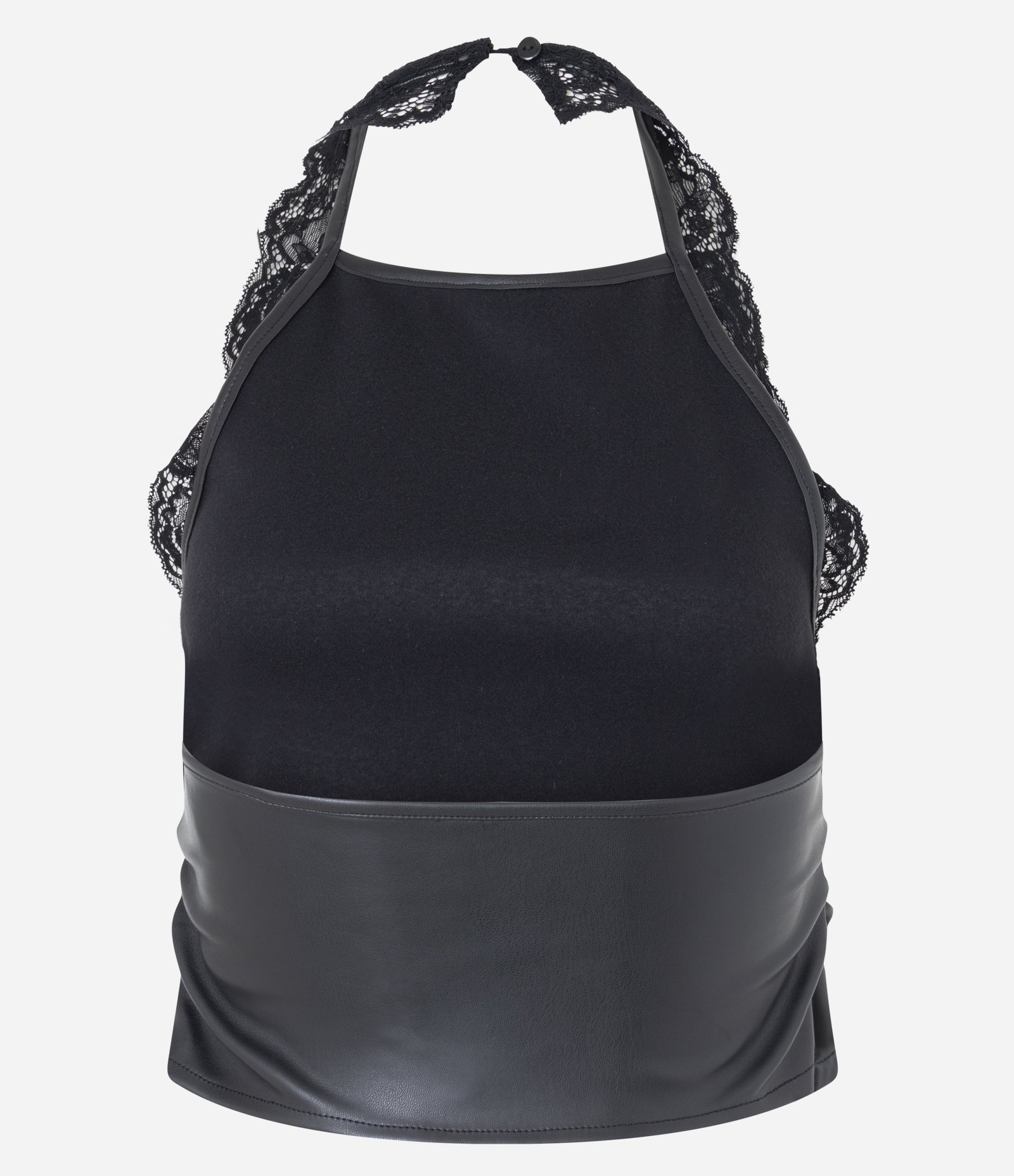 Blusa Frente Única em PU com Aplicação de Renda Preto 7