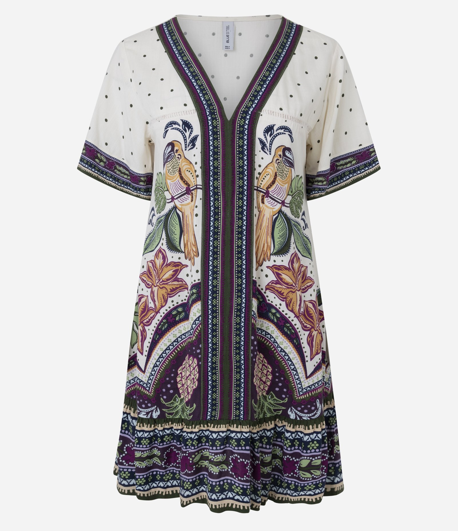 Vestido Curto em Viscose com Estampa Tropical e Manga Flare Off White 5