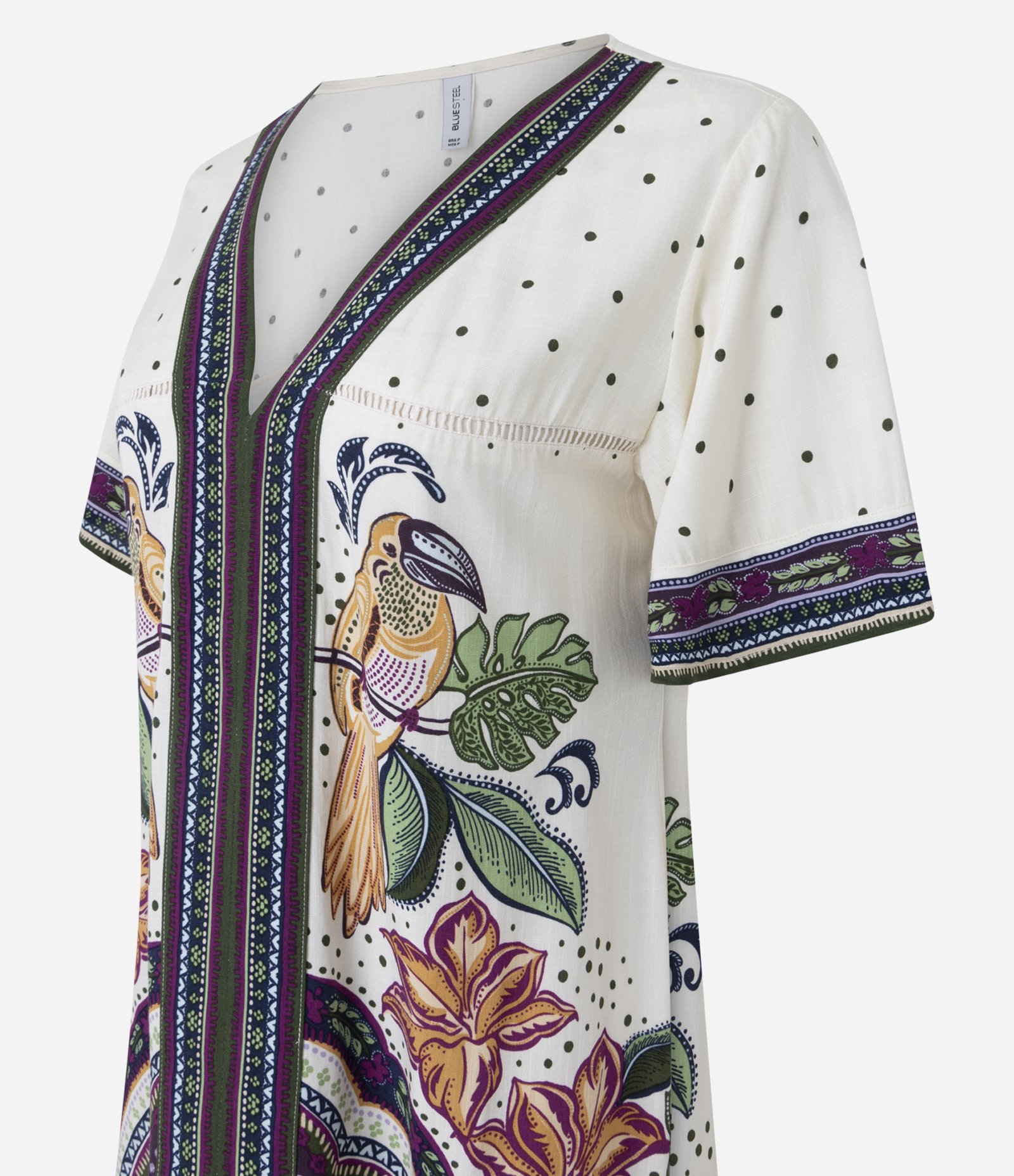 Vestido Curto em Viscose com Estampa Tropical e Manga Flare Off White 6