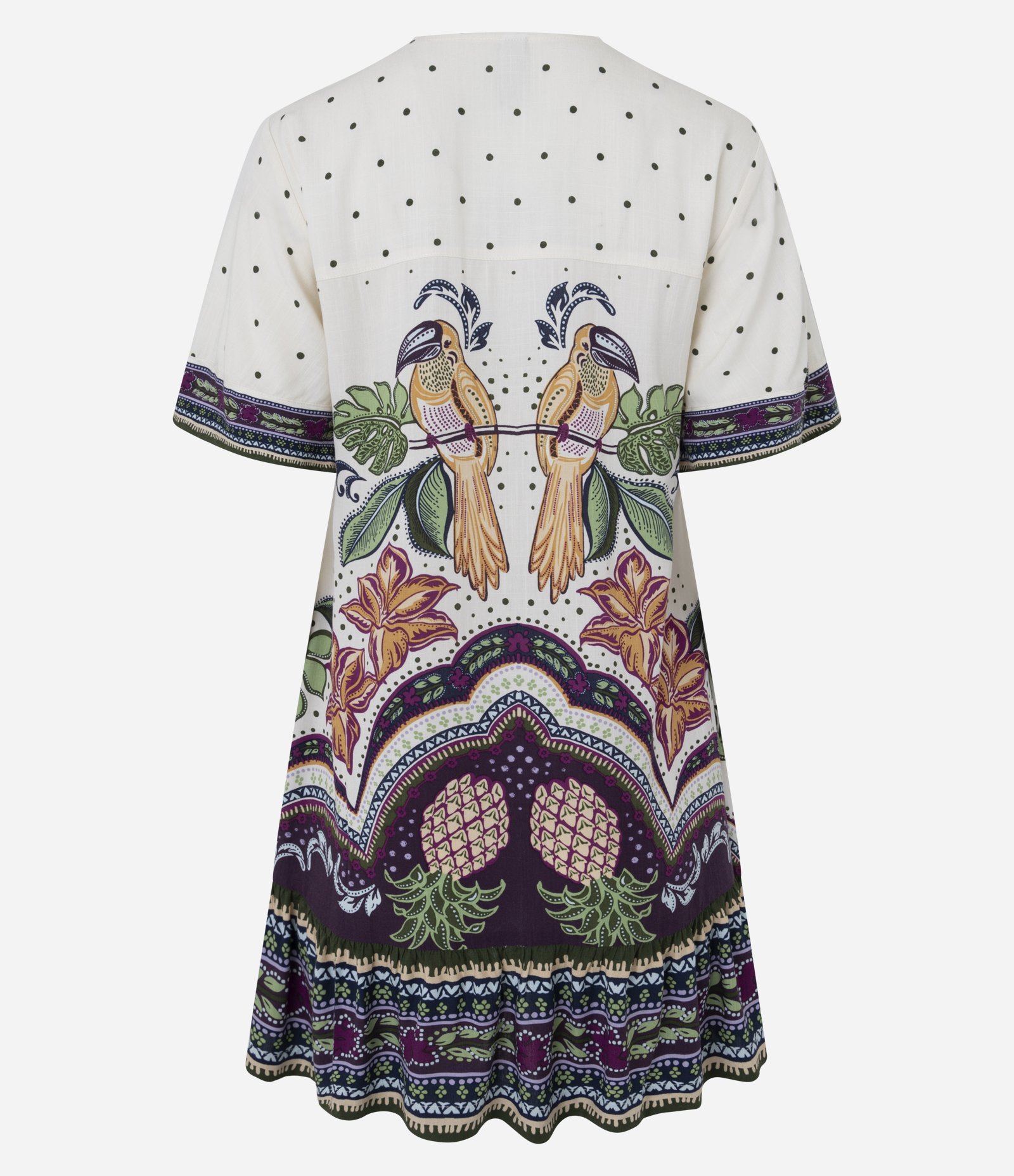 Vestido Curto em Viscose com Estampa Tropical e Manga Flare Off White 7