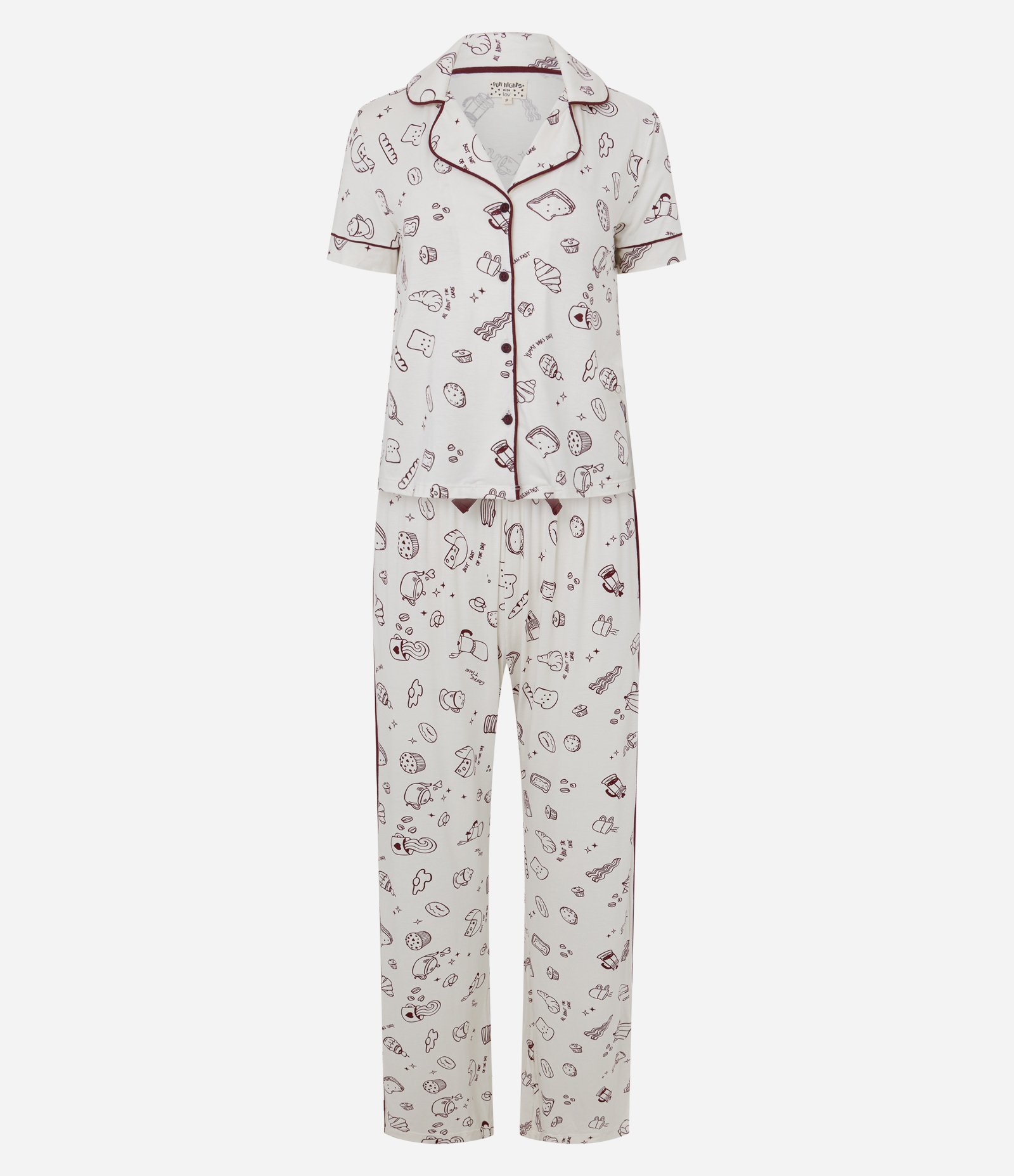 Pijama Americano Longo com Estampa de Mini Ícones Branco/Vinho 1