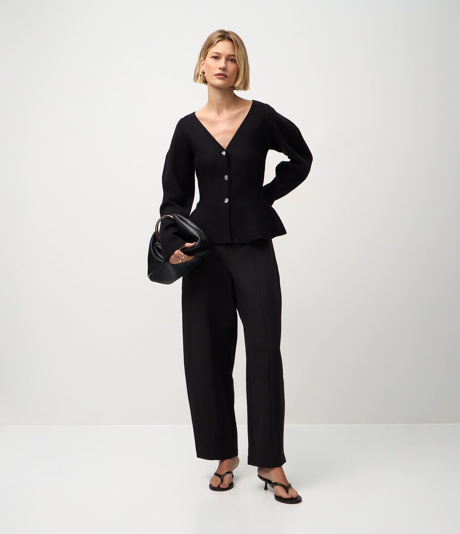 Cardigan em Tricô com Botões e Manga Ampla Preto 2