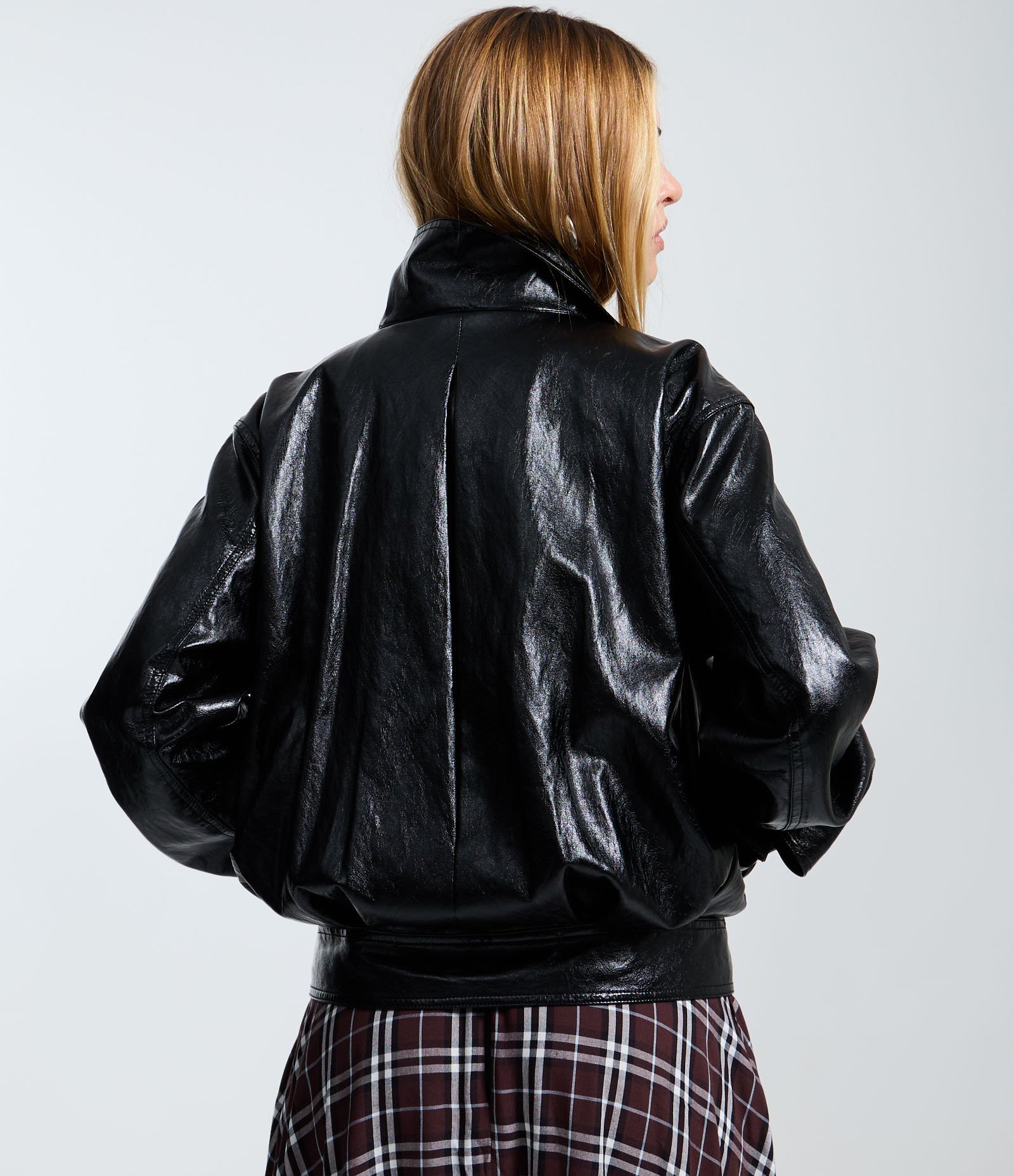 Jaqueta Bomber Pesada em PU com Punhos Ajustados Preto 4