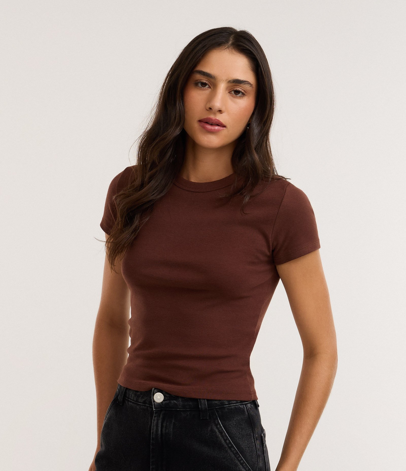 Blusa Alongada Ajustada em Ribana Marrom 1