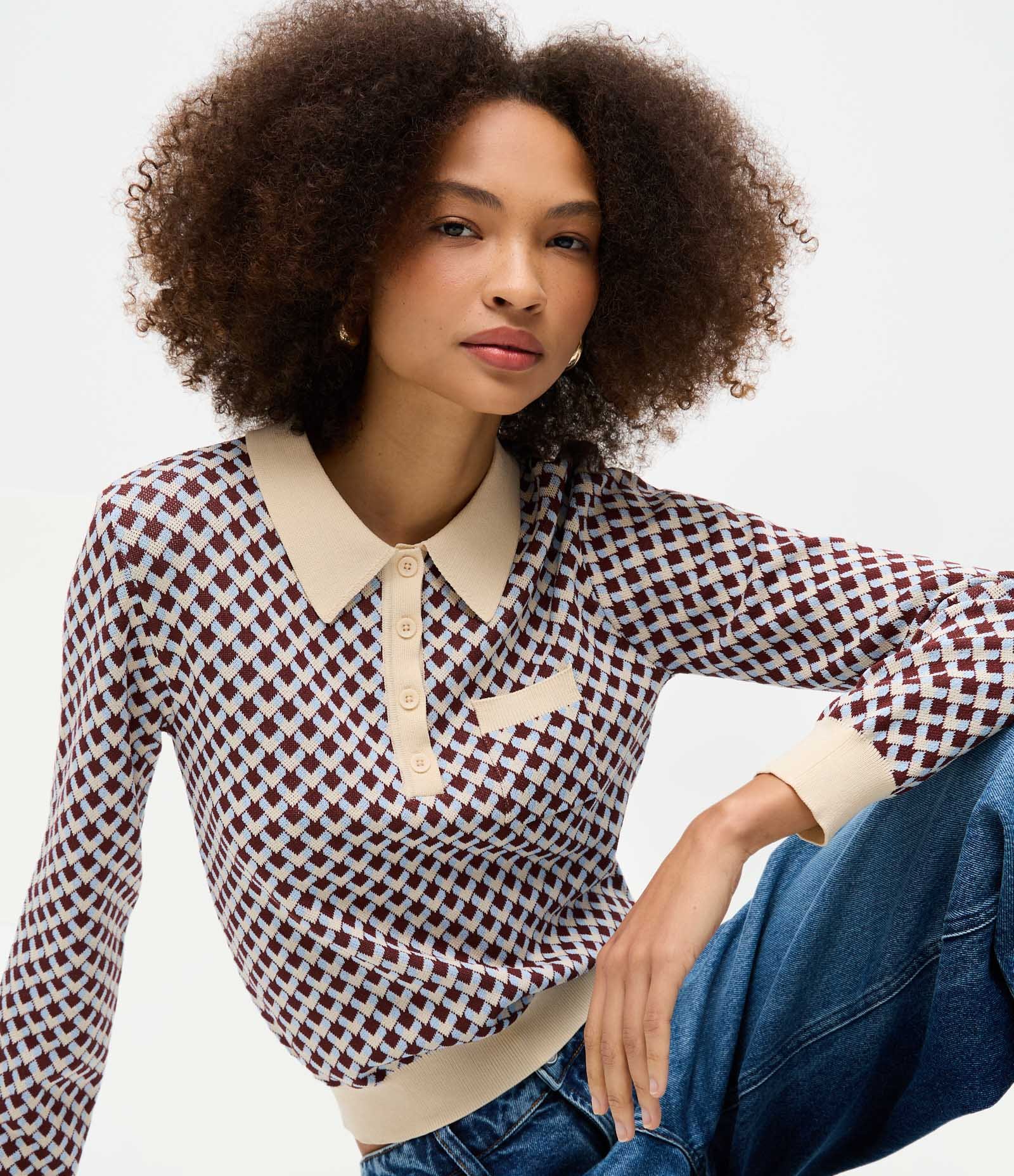 Blusa em Tricô com Gola Polo e Estampa Geométrica Argyle Bege 1