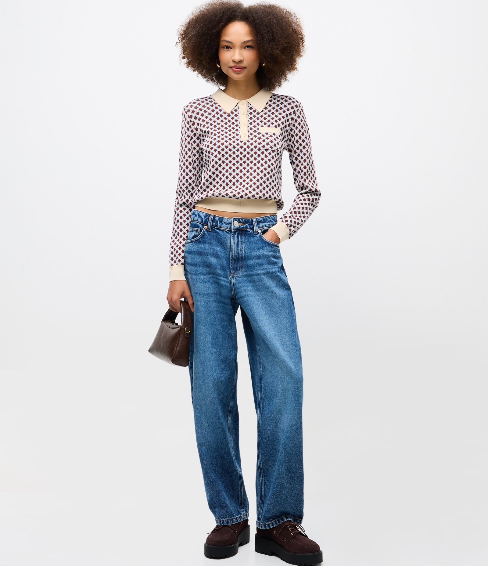 Blusa em Tricô com Gola Polo e Estampa Geométrica Argyle Bege 2