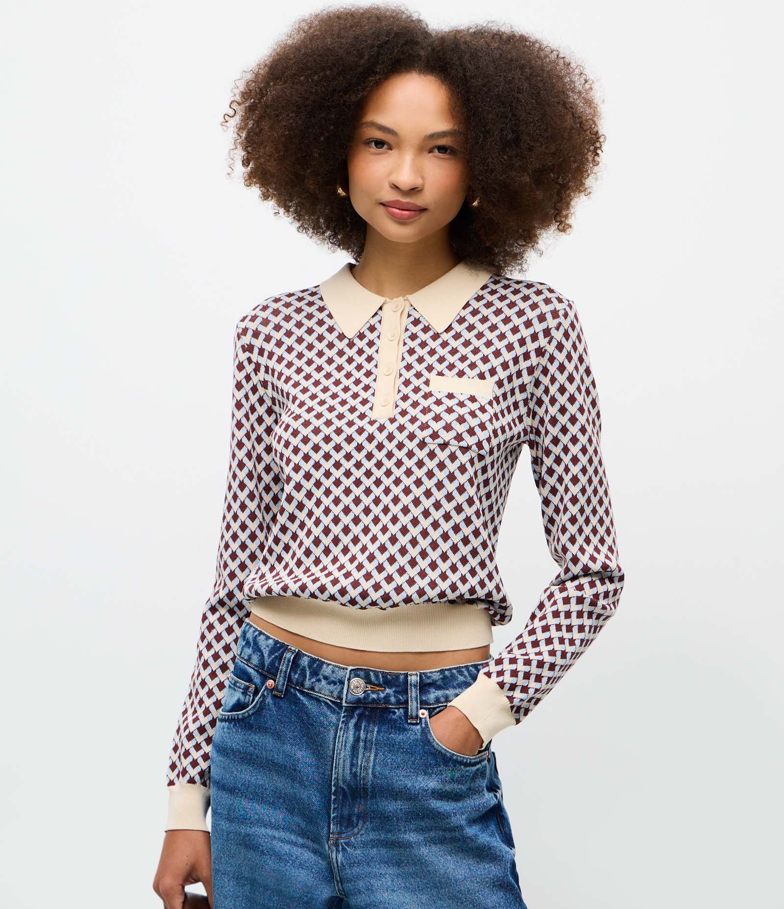 Blusa em Tricô com Gola Polo e Estampa Geométrica Argyle Bege 3