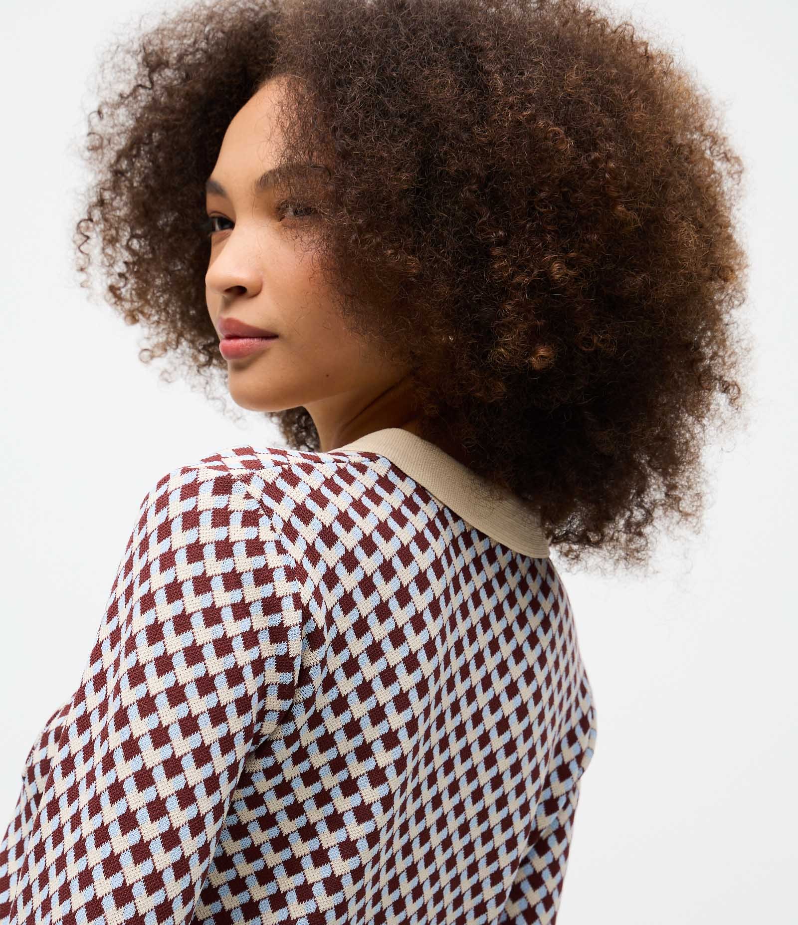 Blusa em Tricô com Gola Polo e Estampa Geométrica Argyle Bege 4