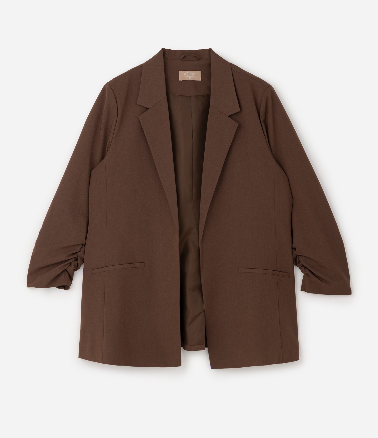 Blazer Alongado em Crepe Manga Puxadinha Curve & Plus Size Marrom 5