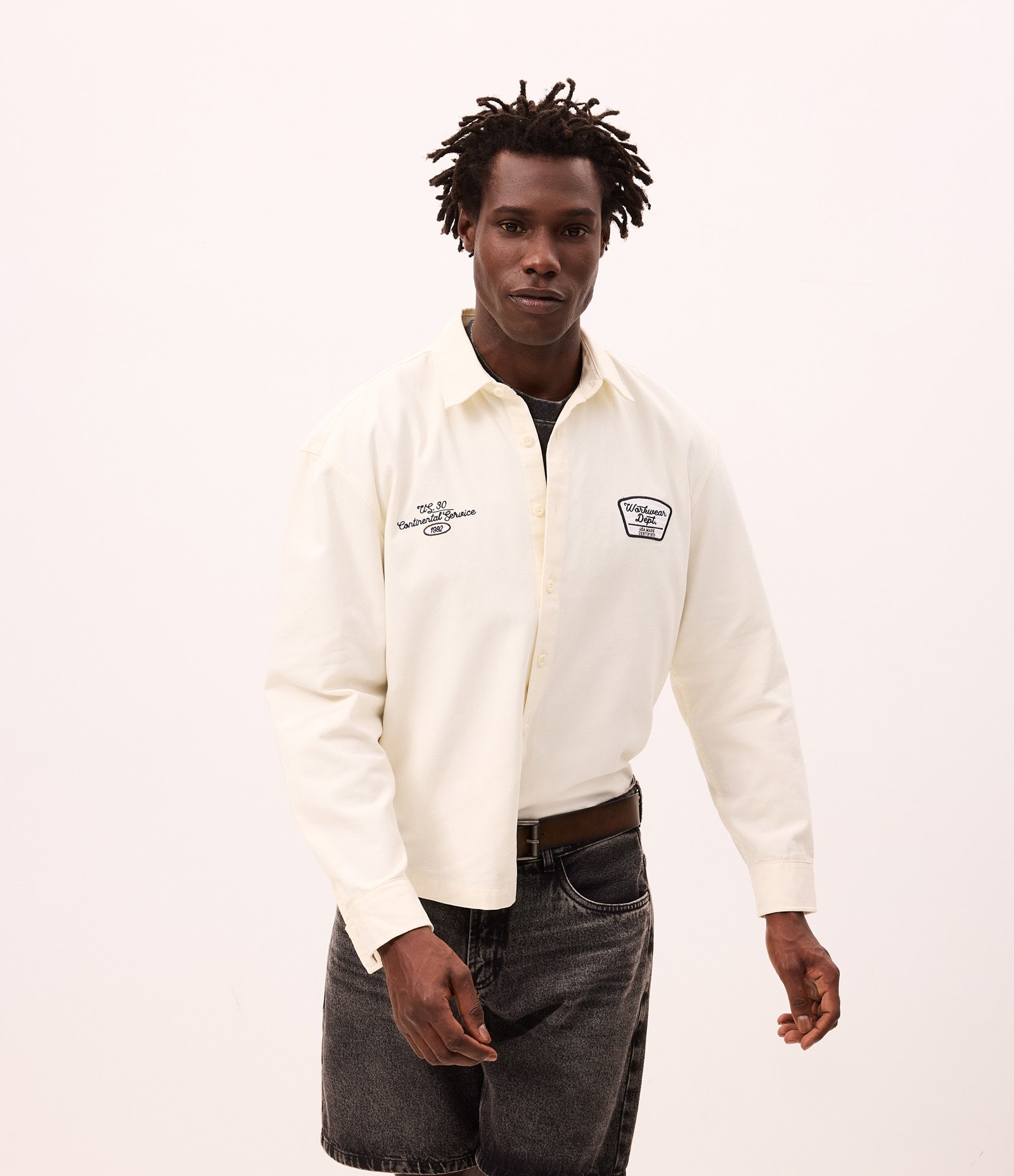 Camisa Overshirt Boxy Manga Longa em Sarja com Bordado Workwear Dept Off White 2