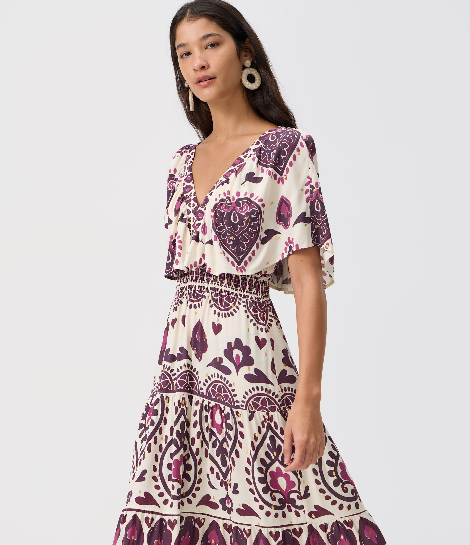 Vestido Midi em Viscose com Estampa Abstrata e Manga Ampla Off White 1