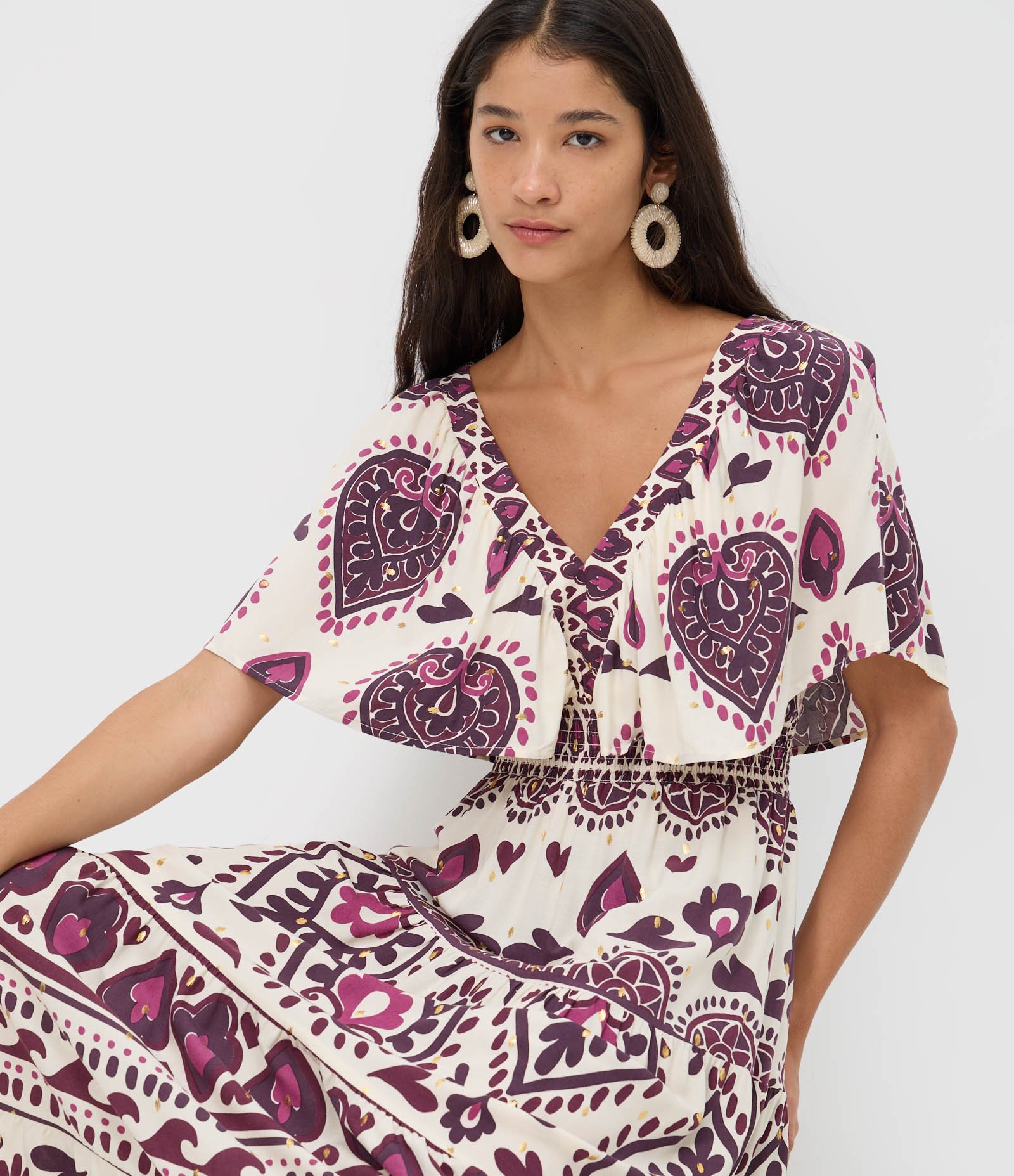 Vestido Midi em Viscose com Estampa Abstrata e Manga Ampla Off White 2